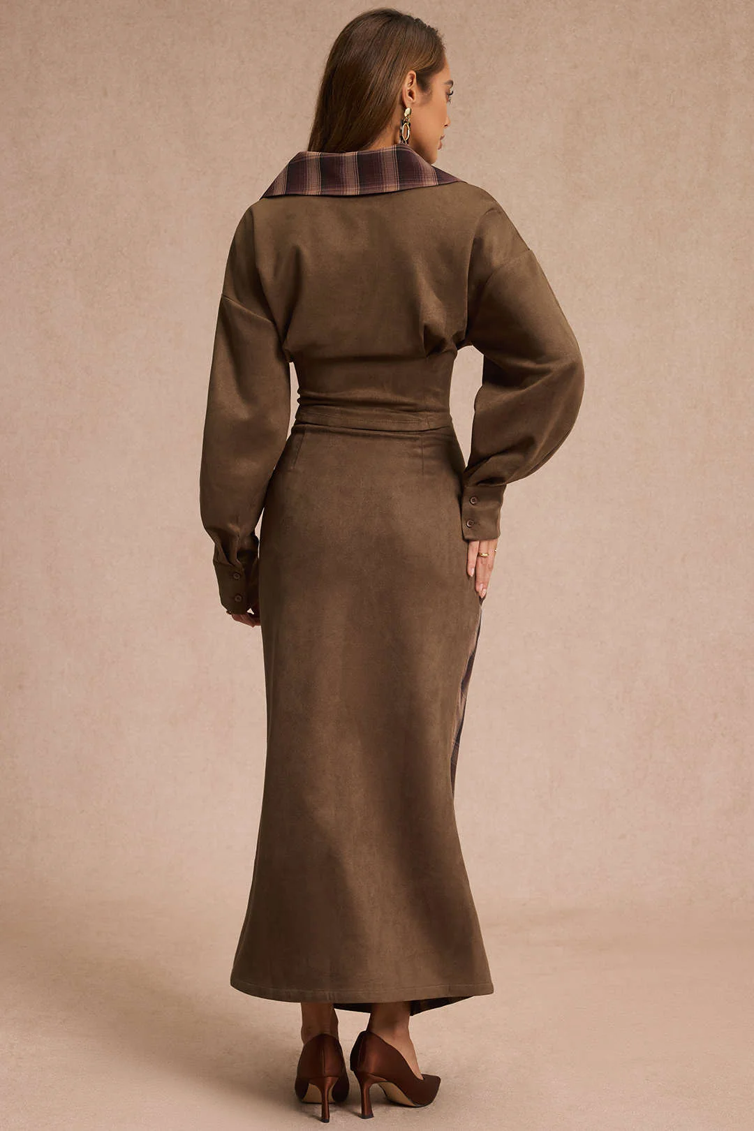 Suede Patchwork Notched Lapel Long-Sleeve Top - Image 8