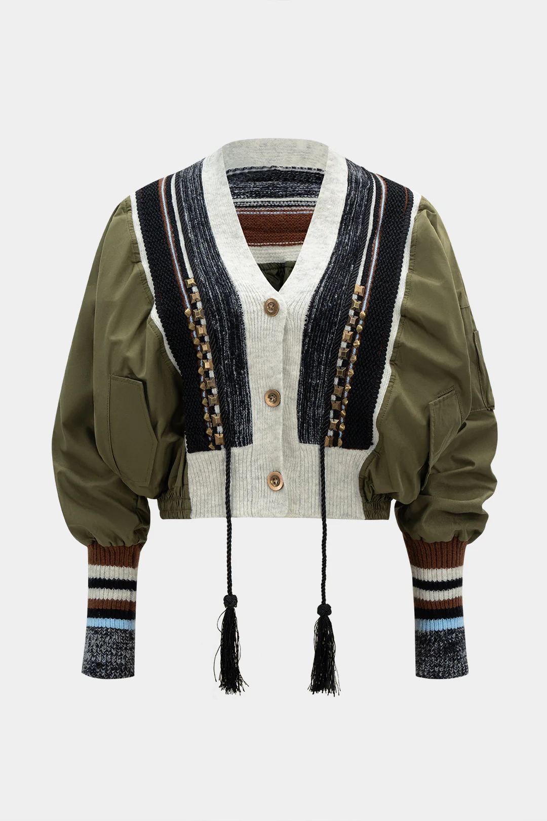 Knit Patchwork V-Neck Studded Fringe Decor Puffer