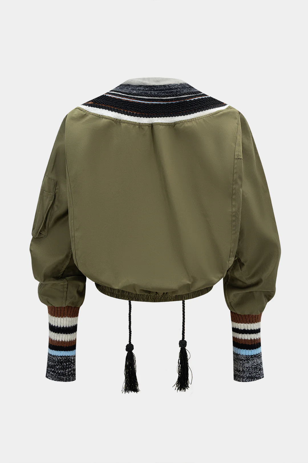 Knit Patchwork V-Neck Studded Fringe Decor Puffer - Image 2