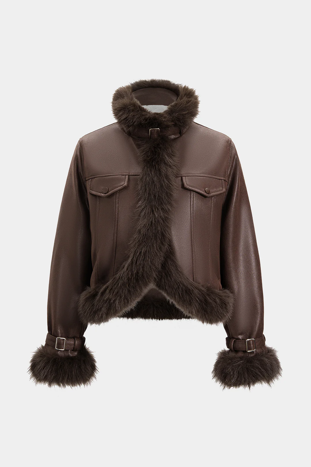 Faux Leather Fur Patchwork Stand Collar Jacket