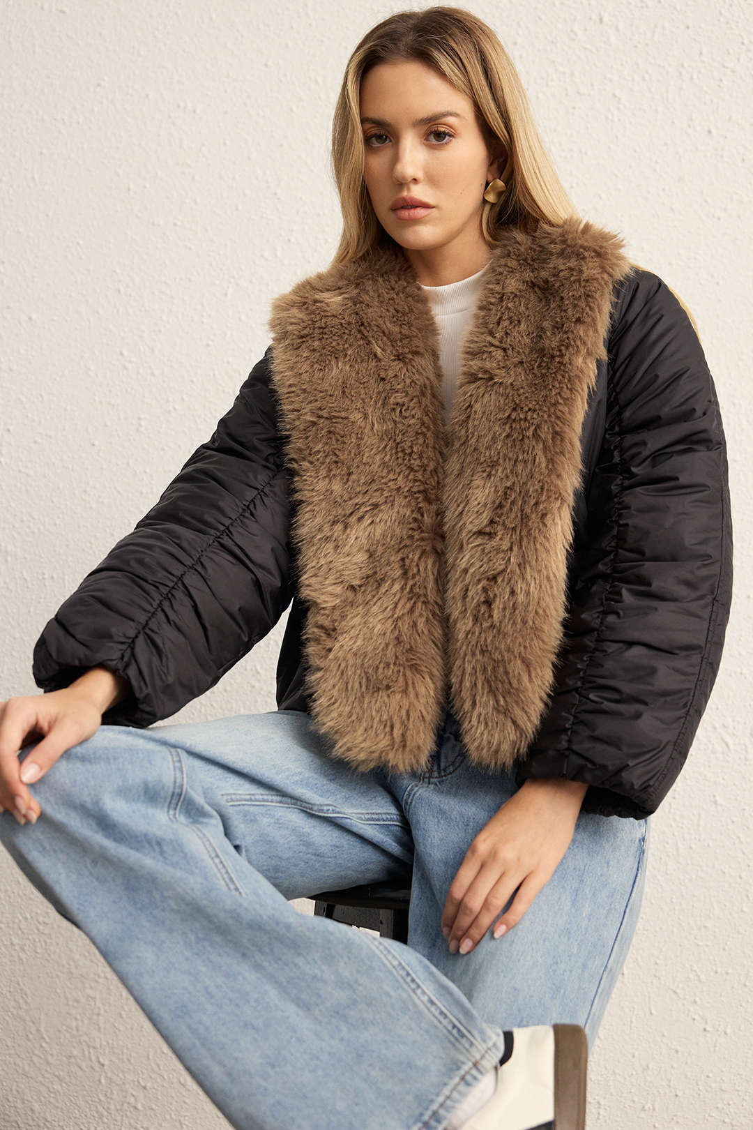 Faux Fur Collar Patchwork Puffer