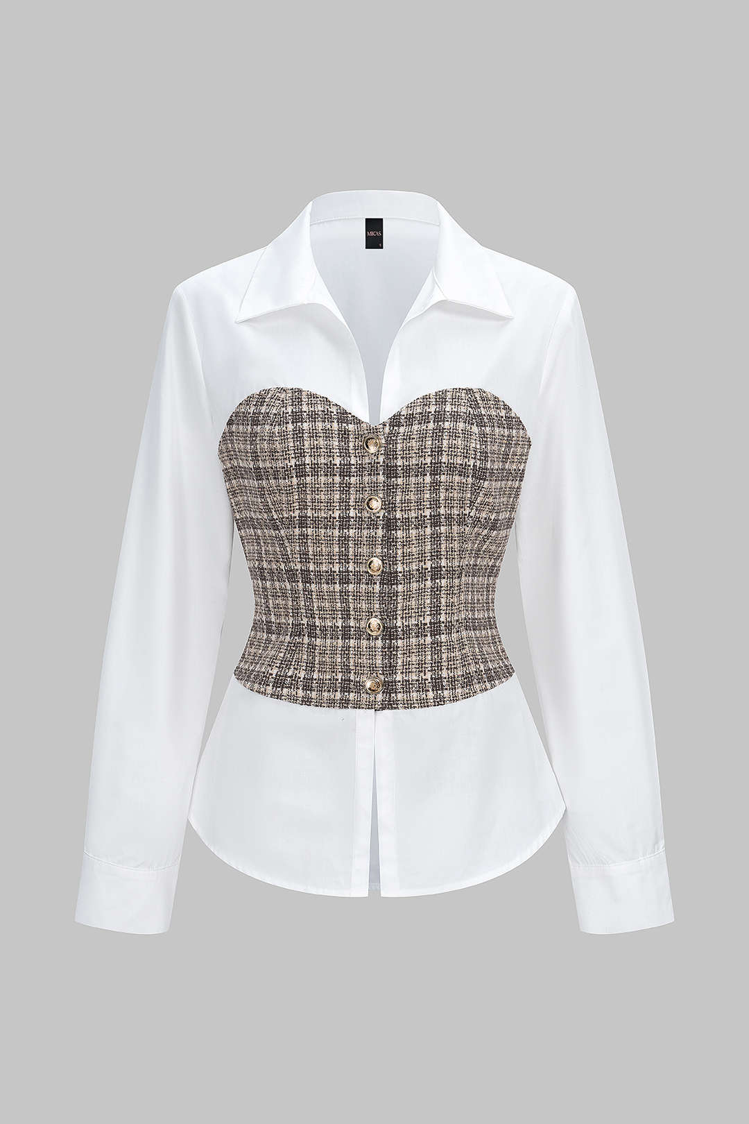 Tweed Plaid Print Patchwork Button Long-Sleeve Top