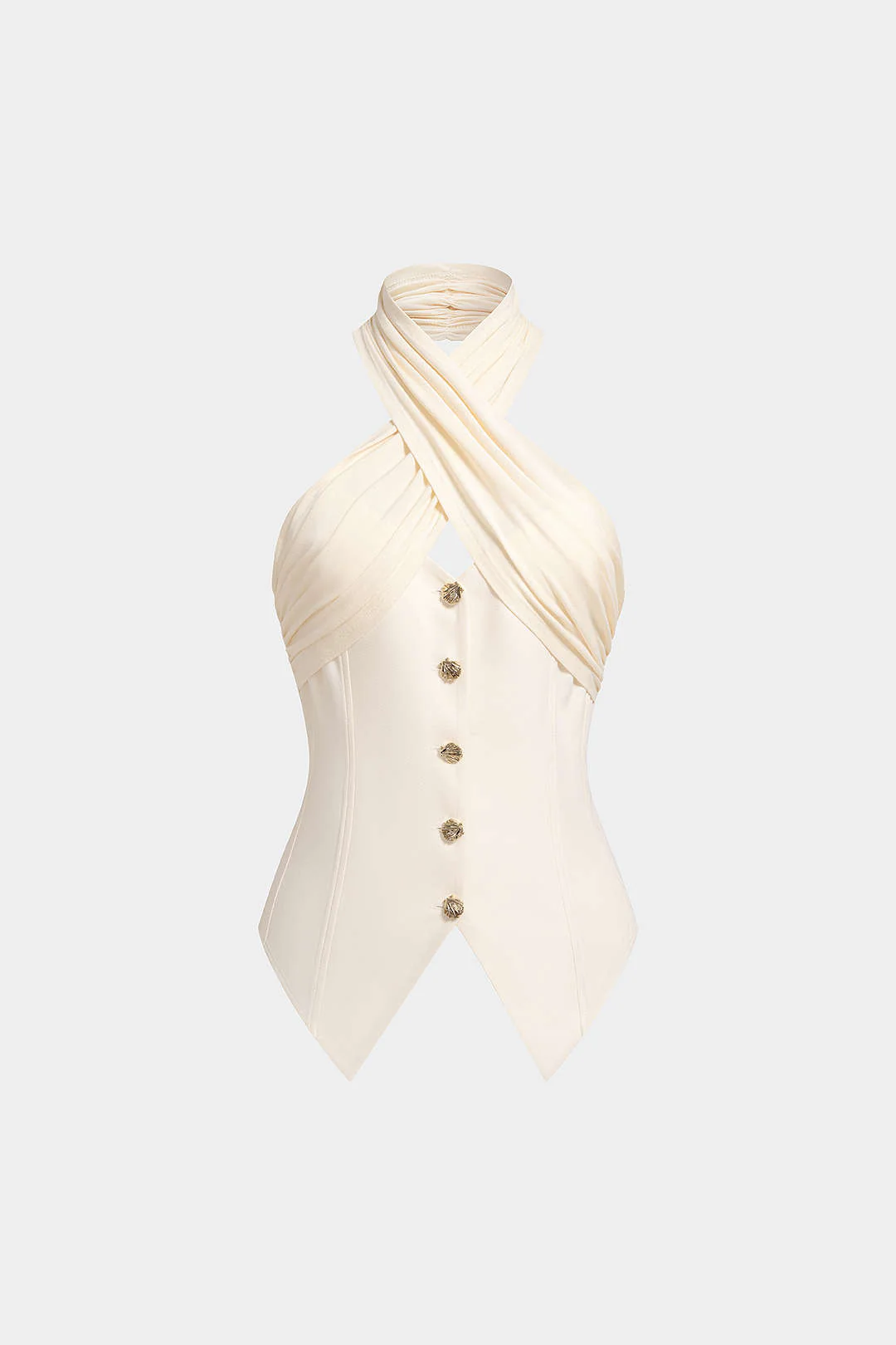 Patchwork Crossed Halter Neck Metallic Button Vest