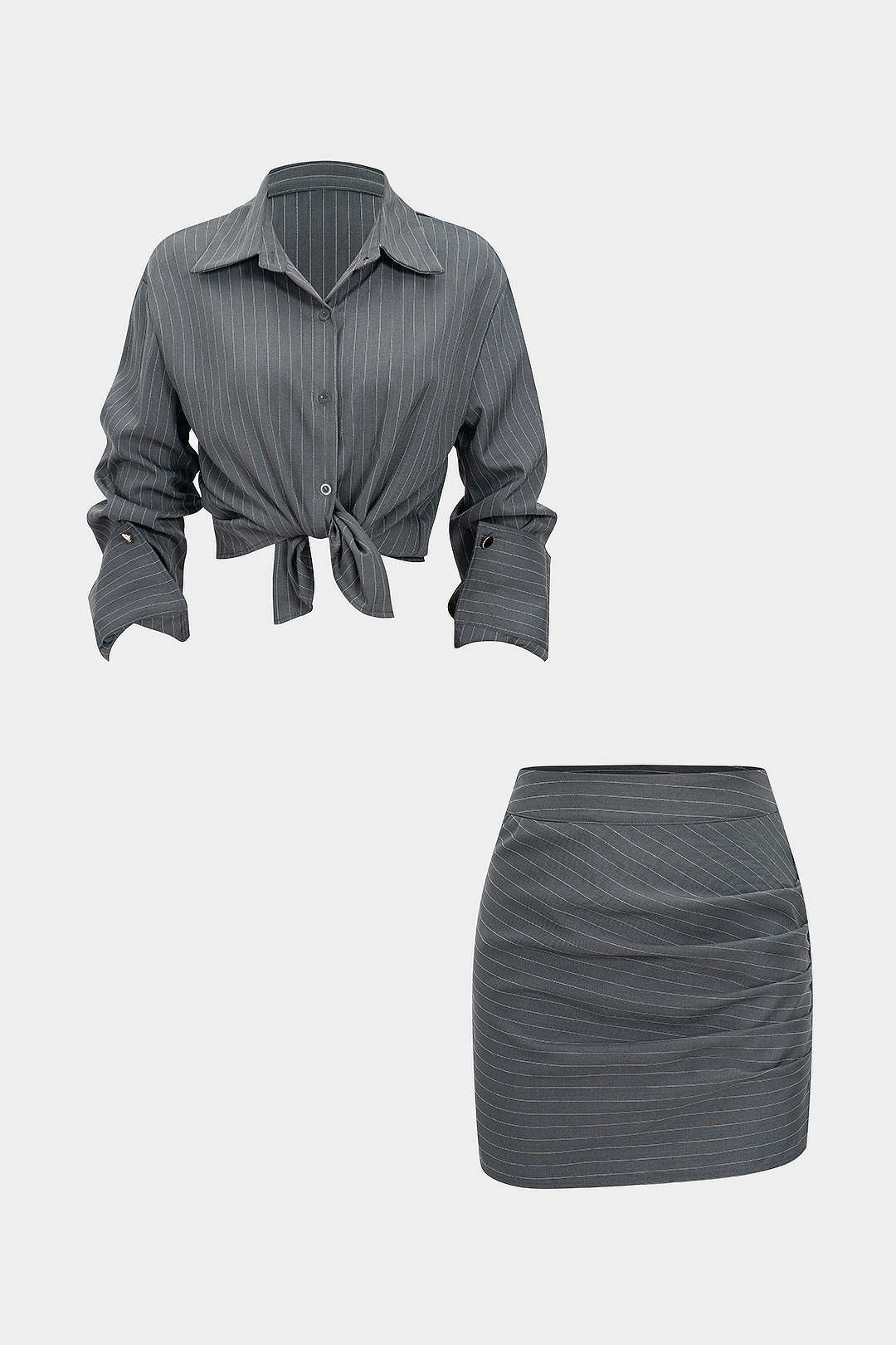 Stripes Print Button Long-Sleeve And Ruched Mini Skirt Set - Image 2