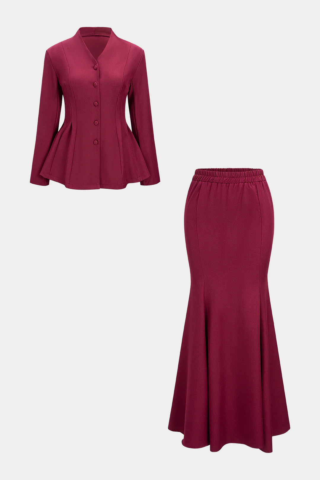 V-Neck Long-Sleeve Top And Shirred Waistband Mermaid Skirt Set