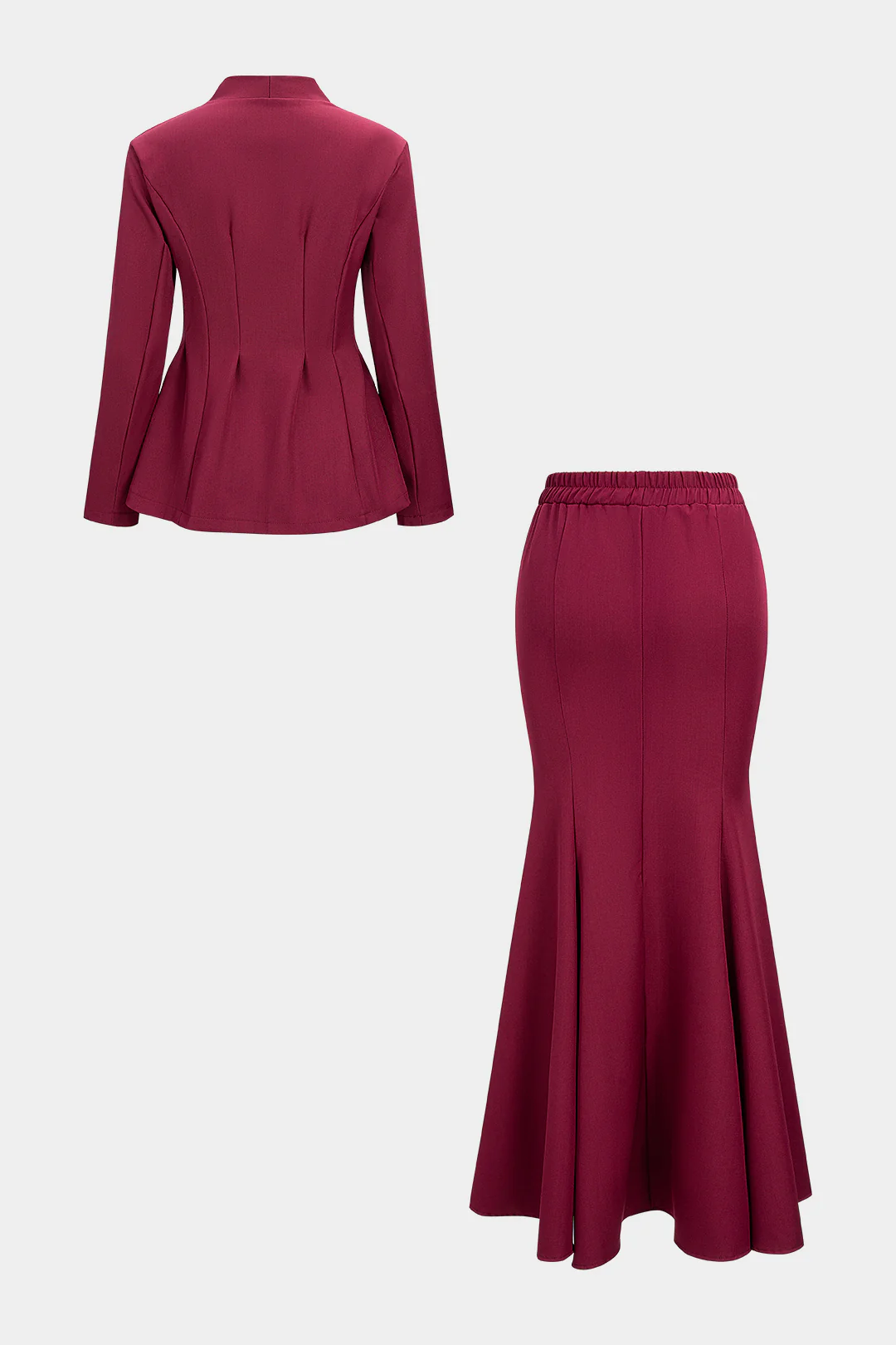 V-Neck Long-Sleeve Top And Shirred Waistband Mermaid Skirt Set - Image 2