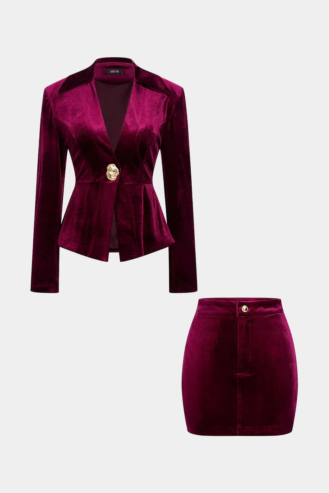Metallic Button Zipper Shoulder Pads Long-Sleeve Top And Skirt Set - Image 2