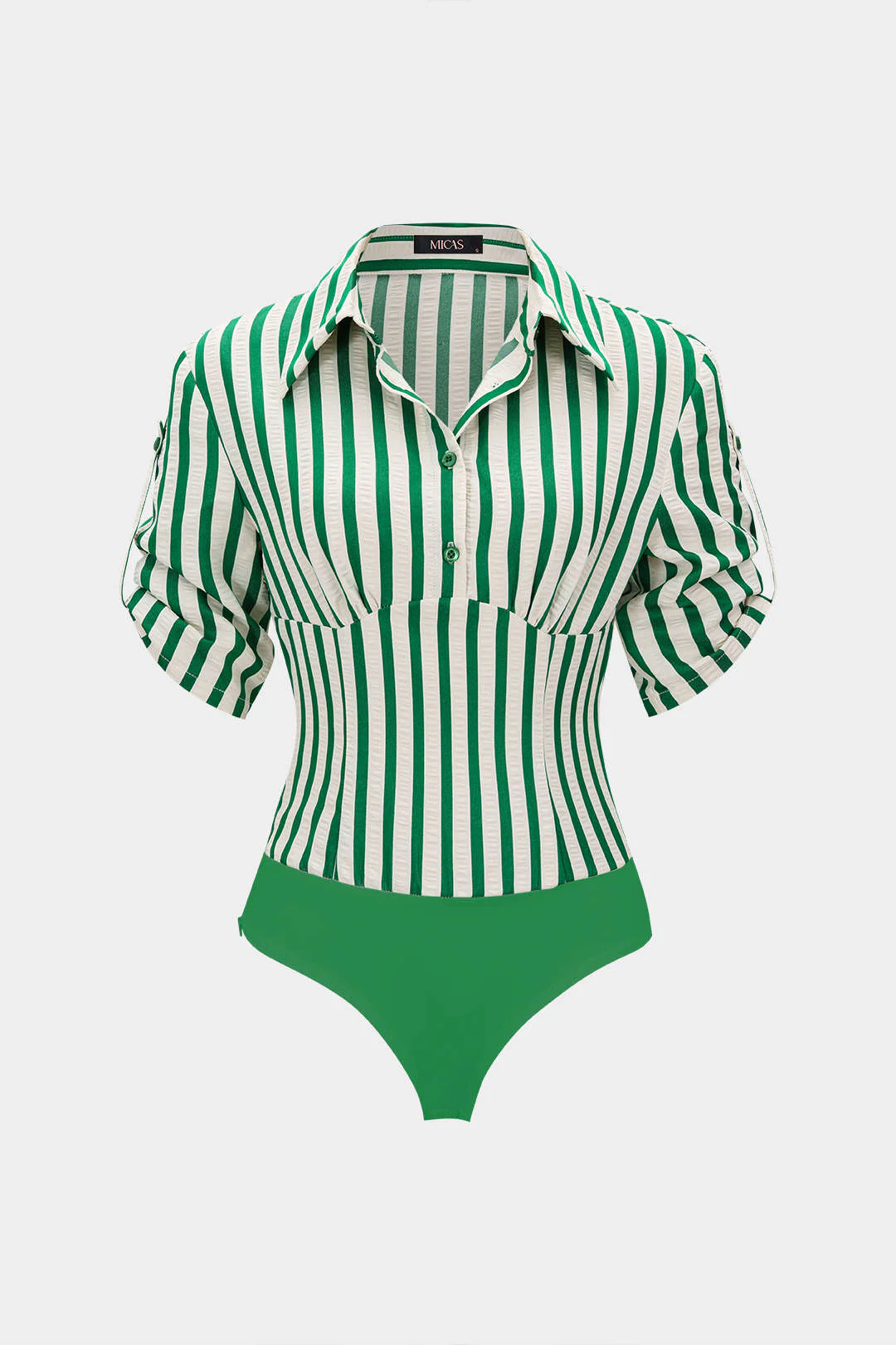 Stripes Print Button Patchwork Ruched V-Neck Short Sleeve Bodysuit