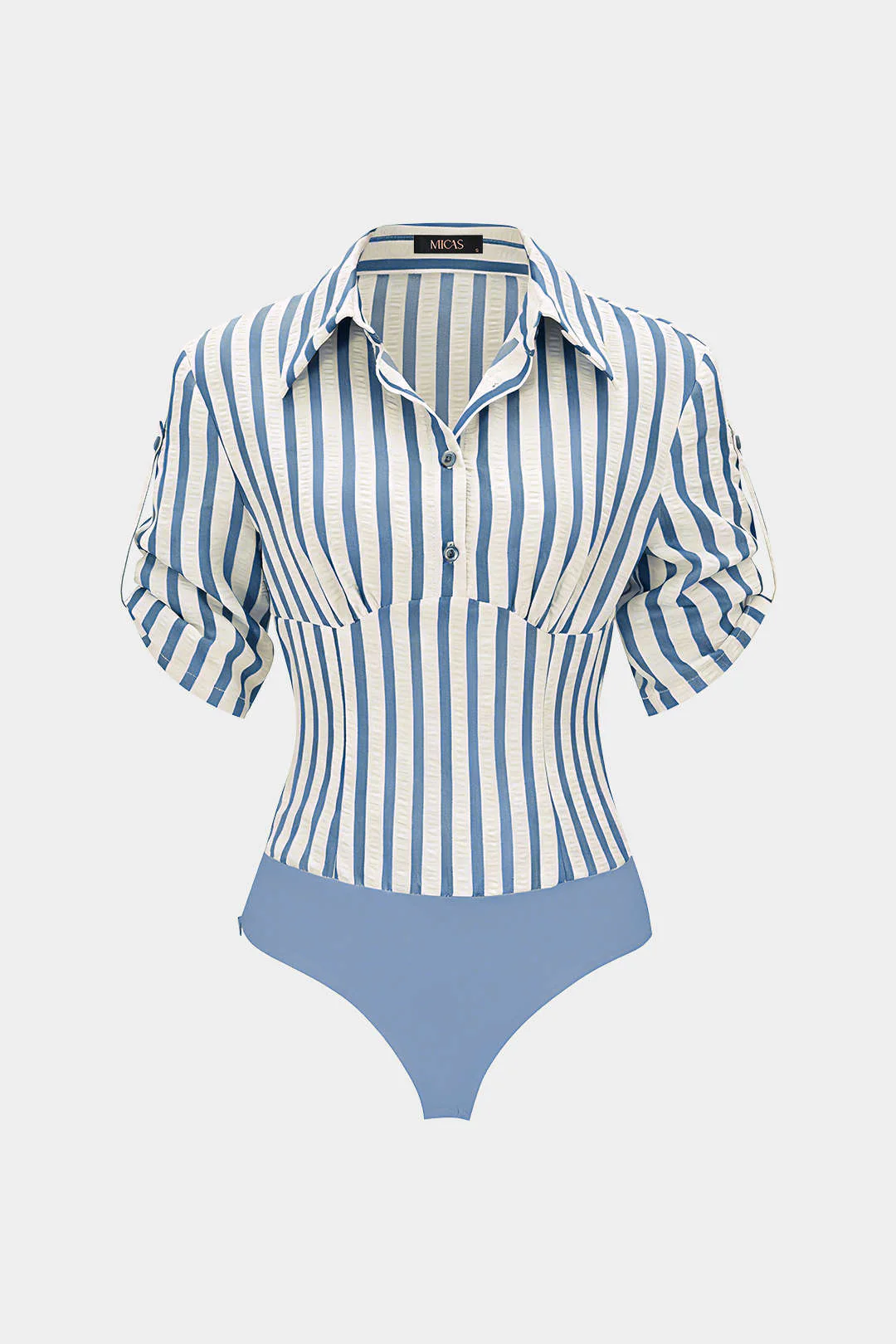 Stripes Print Button Patchwork Ruched V-Neck Short Sleeve Bodysuit - Image 5