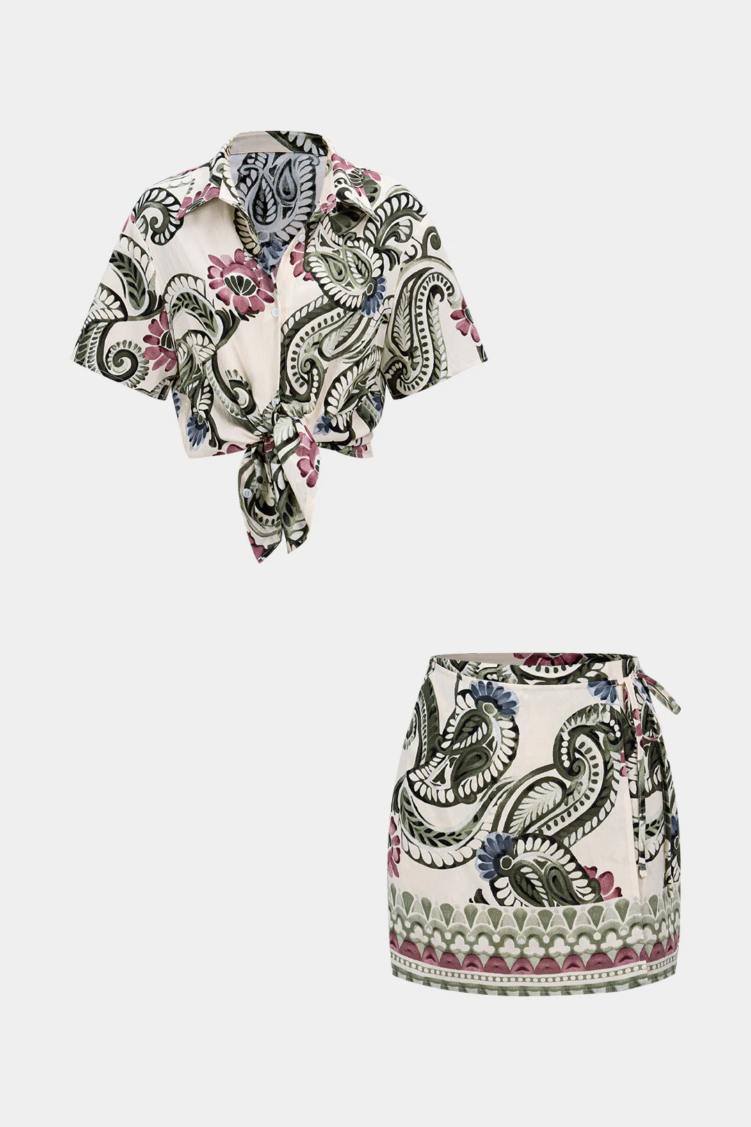 Tropical Palm Leaf Print Button Short Sleeve Shirt And Tie Front Skirt Set - Image 2