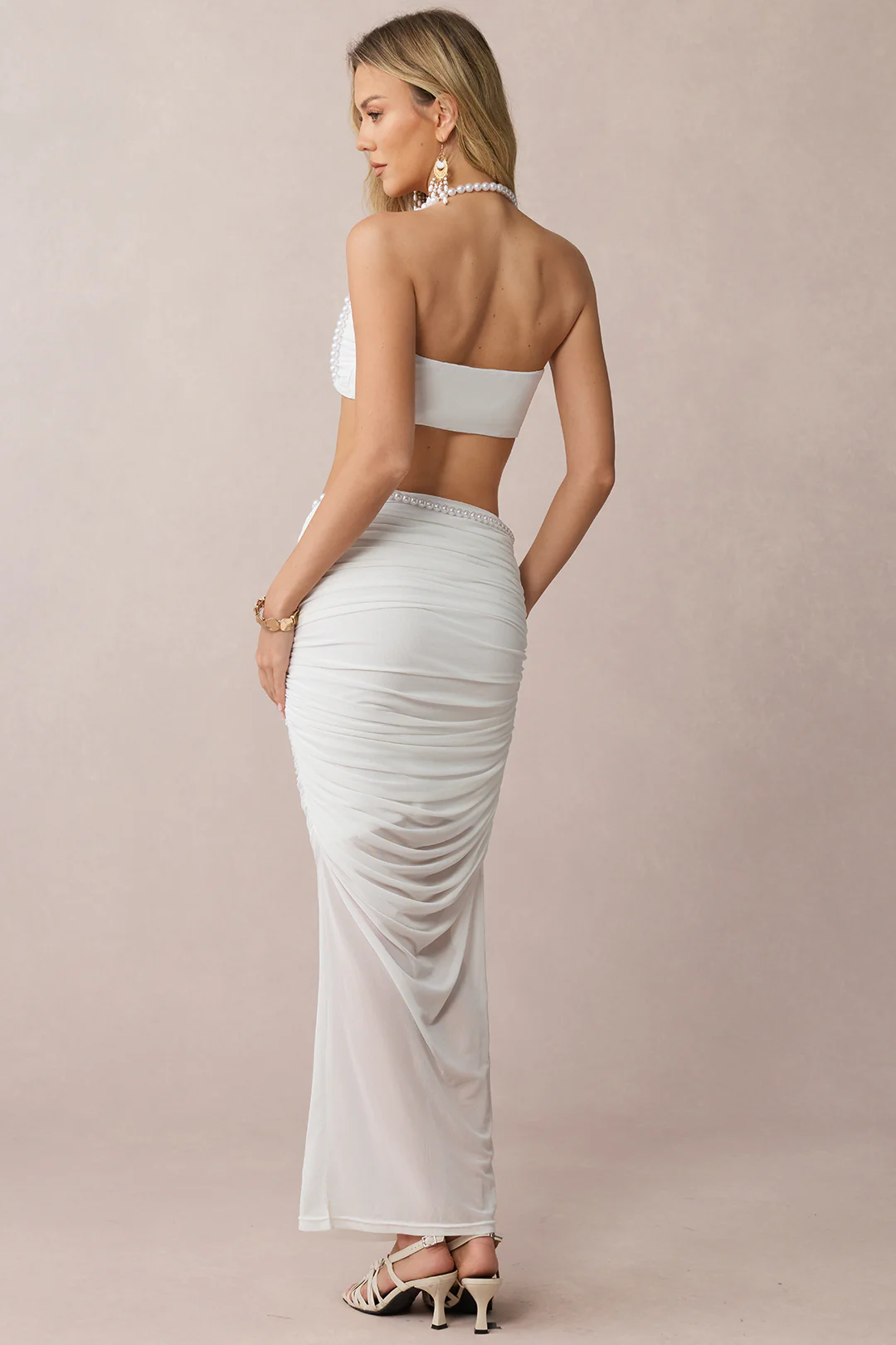 Mesh Patchwork Halter Neck Pearls Asymmetrical Ruched Cami Top And Skirt Set - Image 4