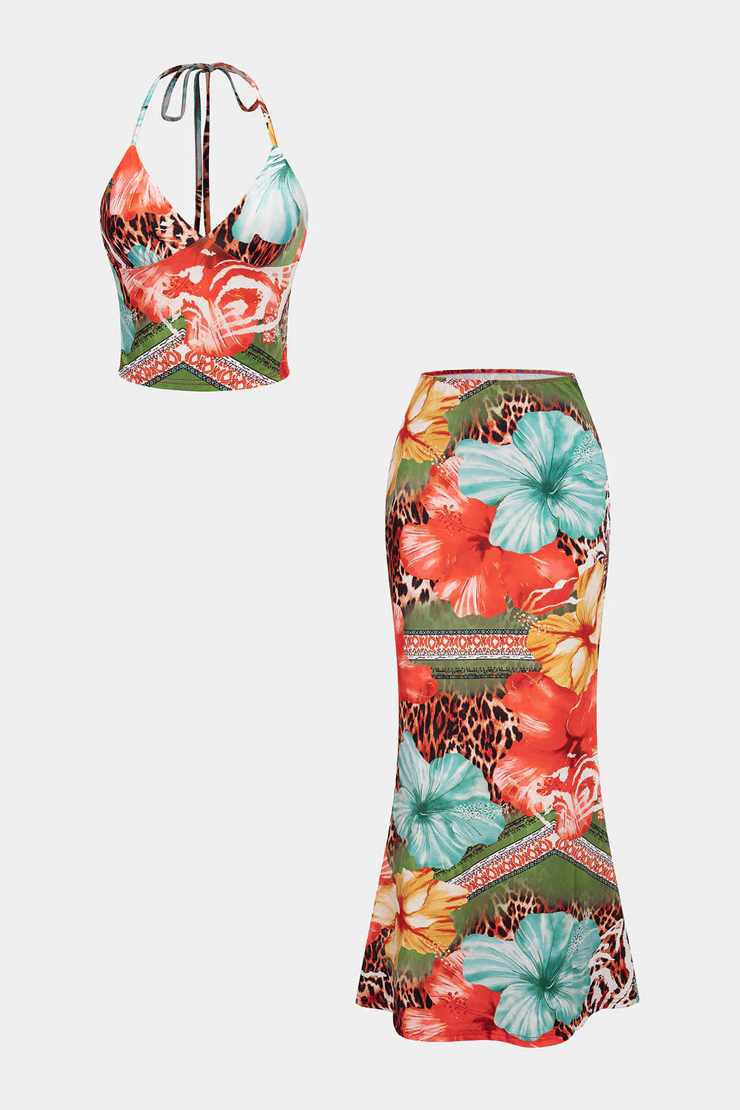 Leopard Floral Print Halter V-Neck Tie Back Top And High Waist Skirt Set - Image 2