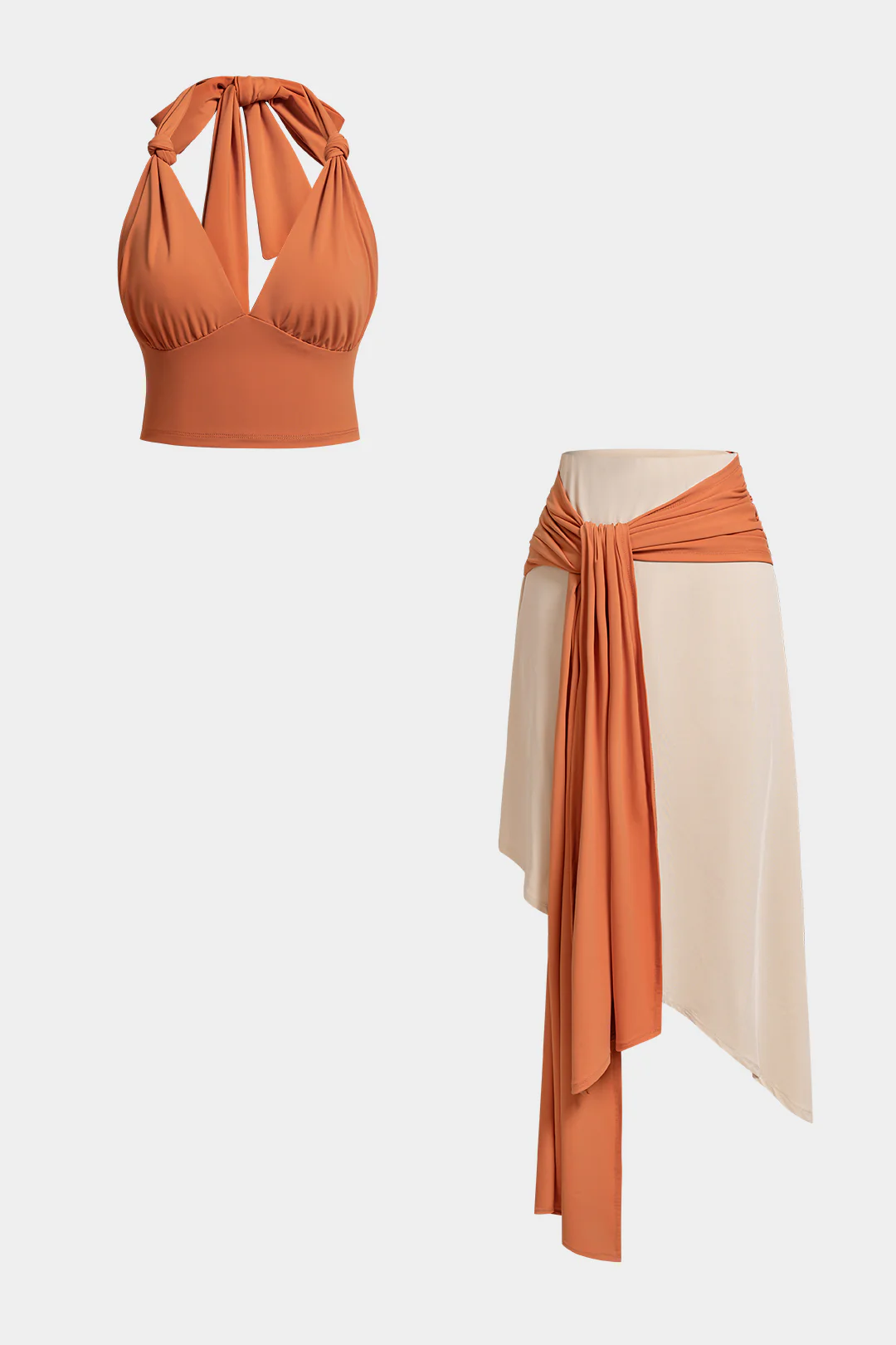 Halter V-Neck Knotted Tank Top And Contrast Asymmetrical Hem Skirt Set