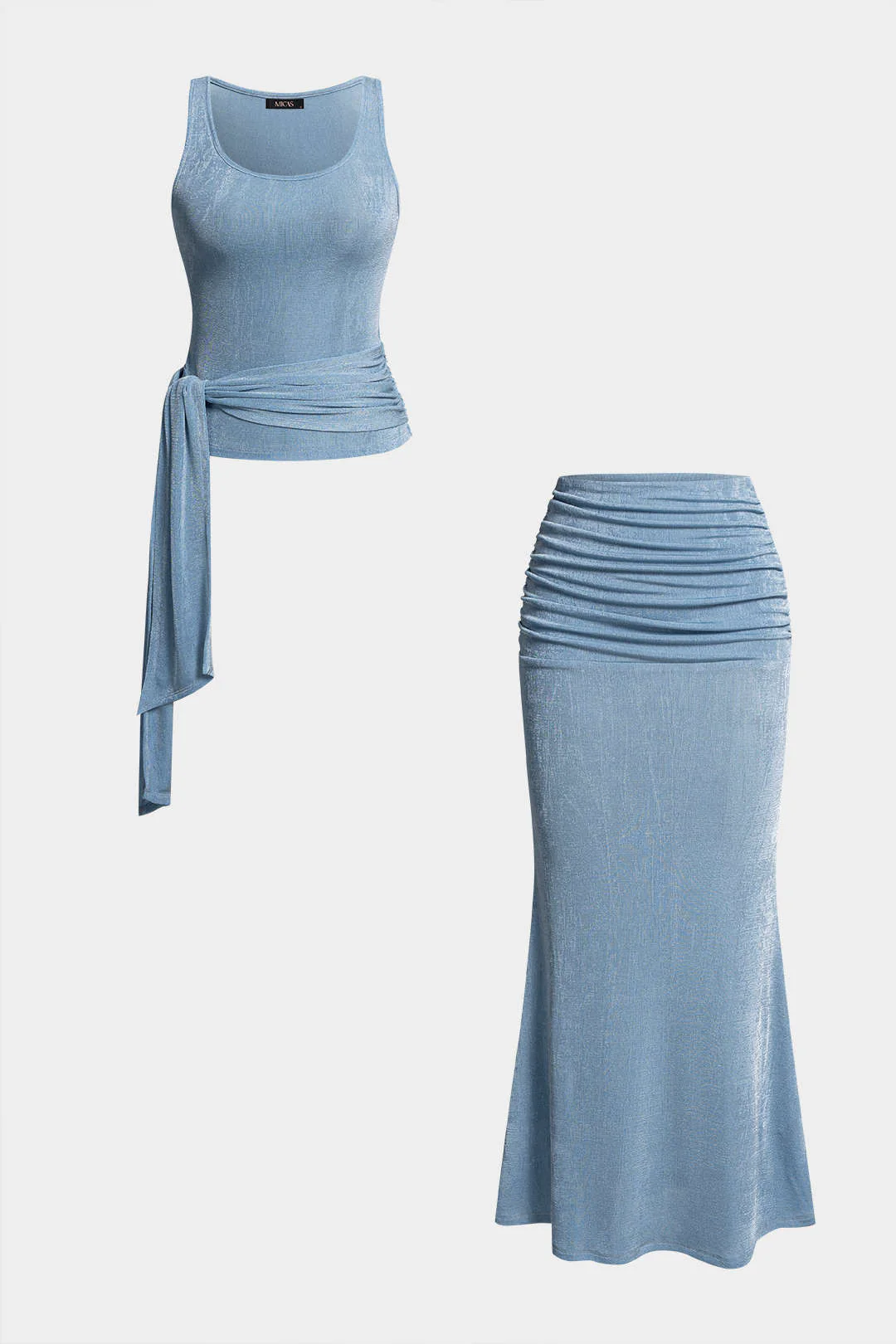 Round Neck Tie-Up Tank Top And Ruched Skirt Set