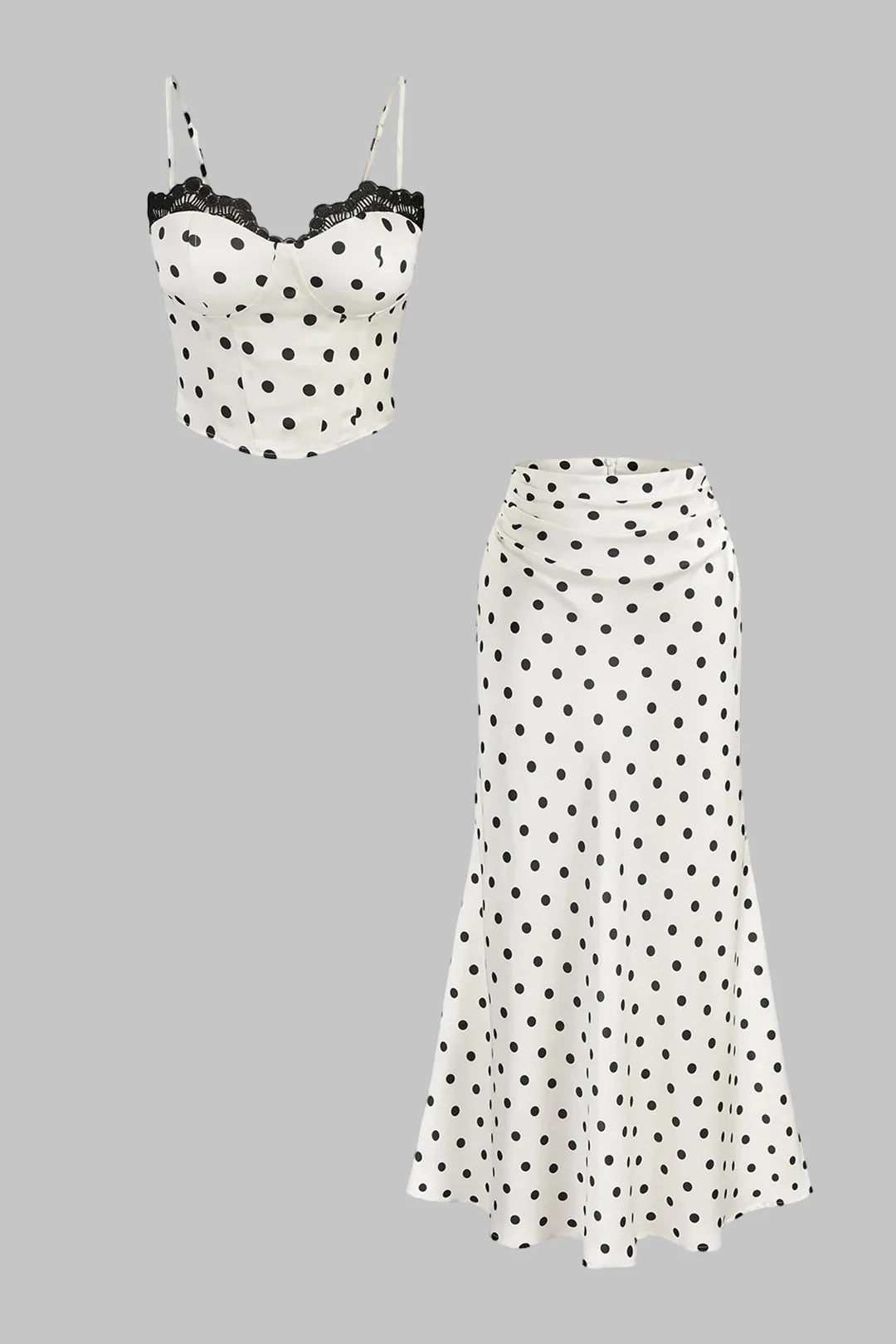 Polka Dots Print Satin Patchwork Lace Trim Cami Top And Ruched Skirt Set