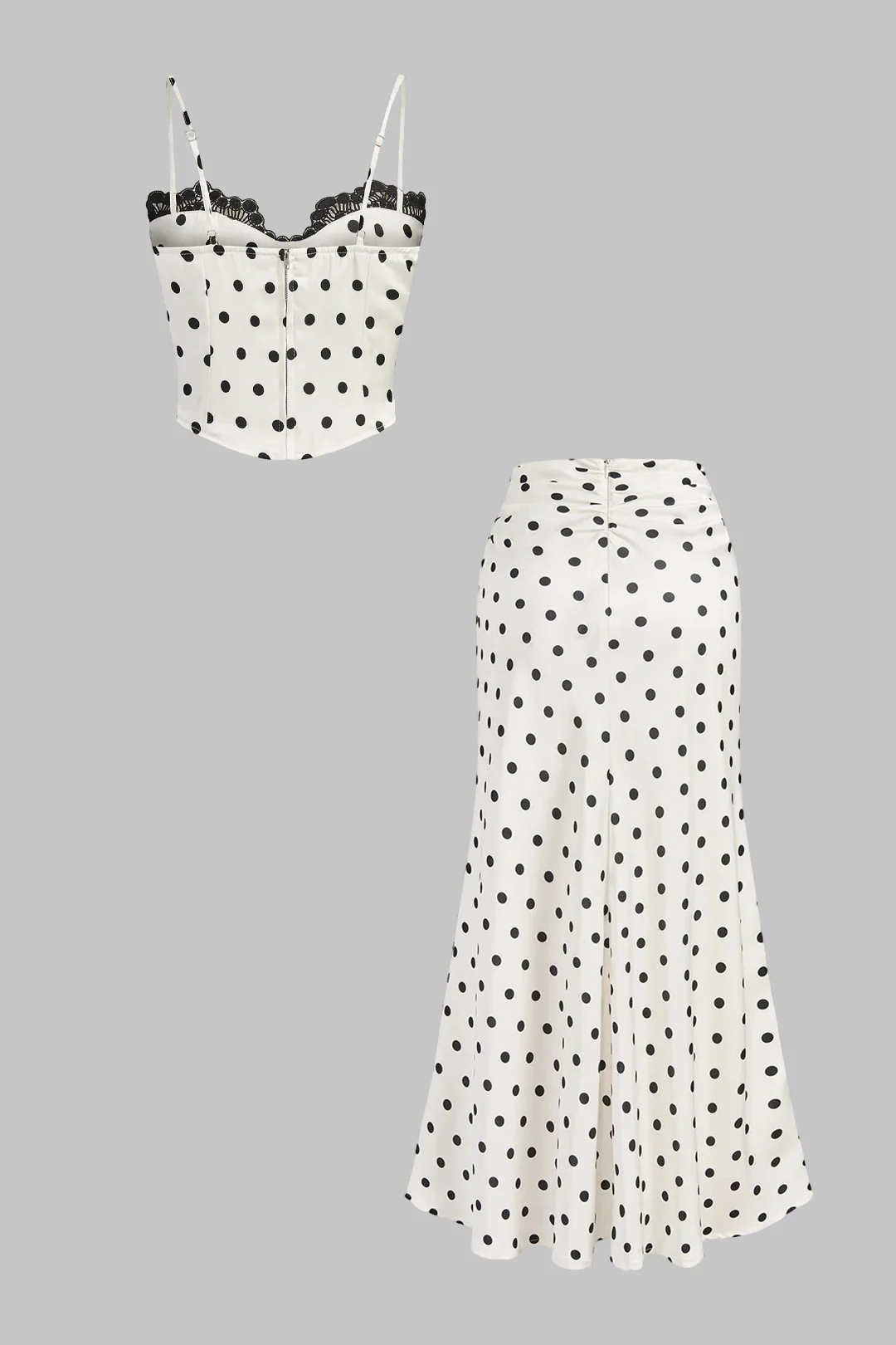 Polka Dots Print Satin Patchwork Lace Trim Cami Top And Ruched Skirt Set - Image 2