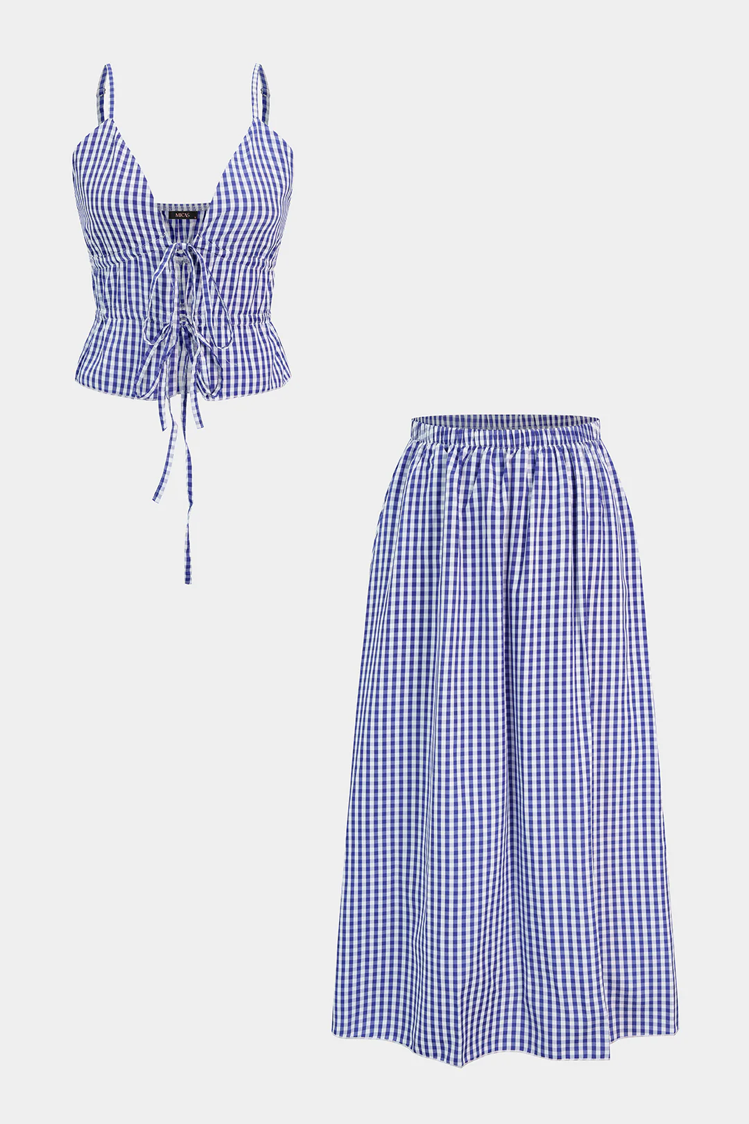 Plaid Print Tie-Up Cami Top And Shirred Waistband Skirt Set - Image 2