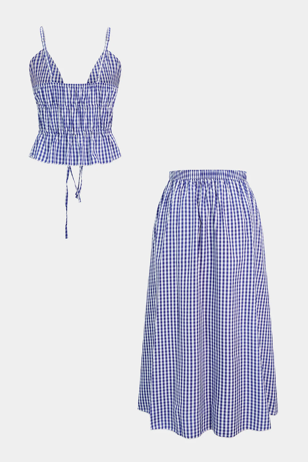Plaid Print Tie-Up Cami Top And Shirred Waistband Skirt Set - Image 5