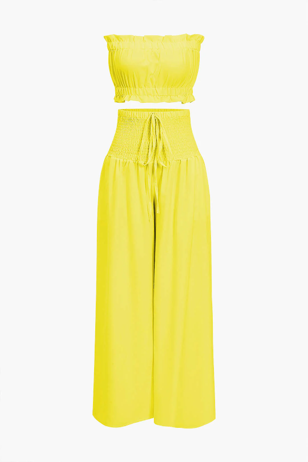 Ruched Tube Top And Tie Front Wide Leg Trousers Set