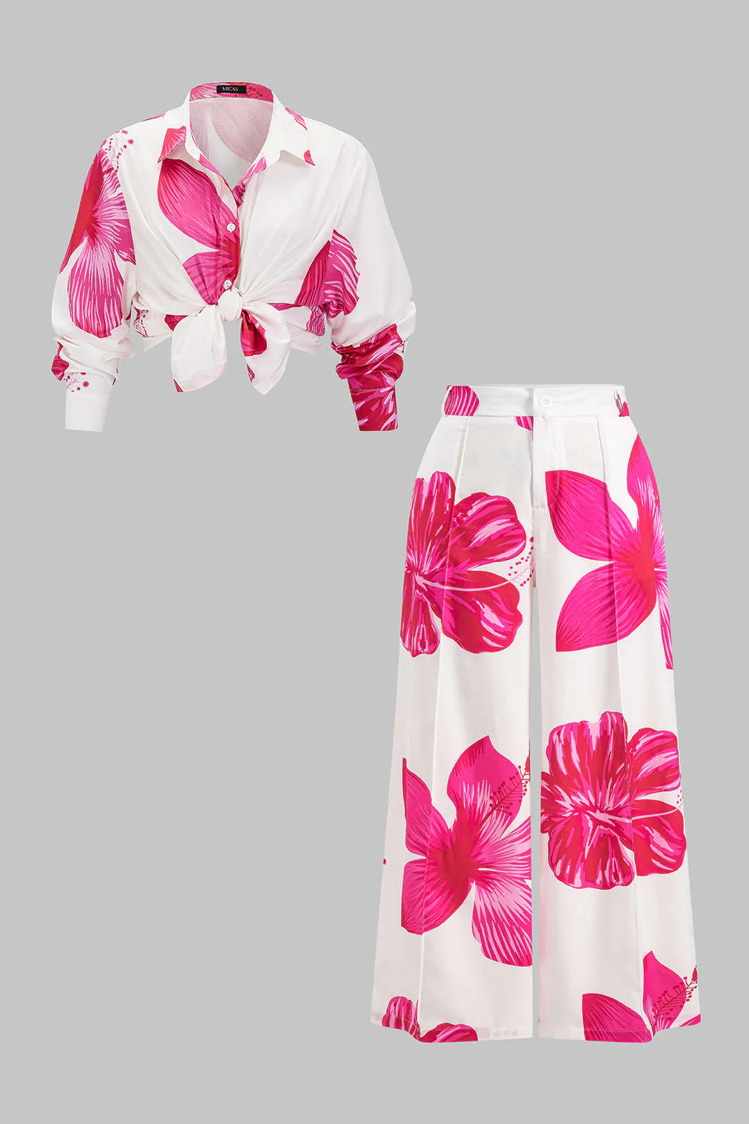 Plus Size Floral Print Button Knot Long Sleeve Shirt And High Waist Trousers Set