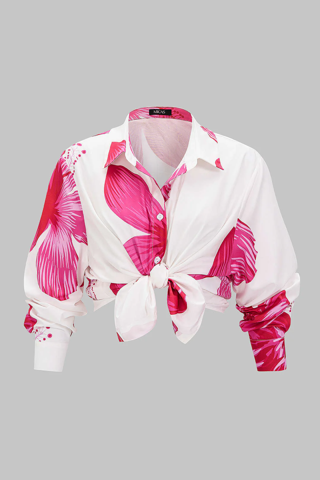 Plus Size Floral Print Button Knot Long Sleeve Shirt And High Waist Trousers Set - Image 2