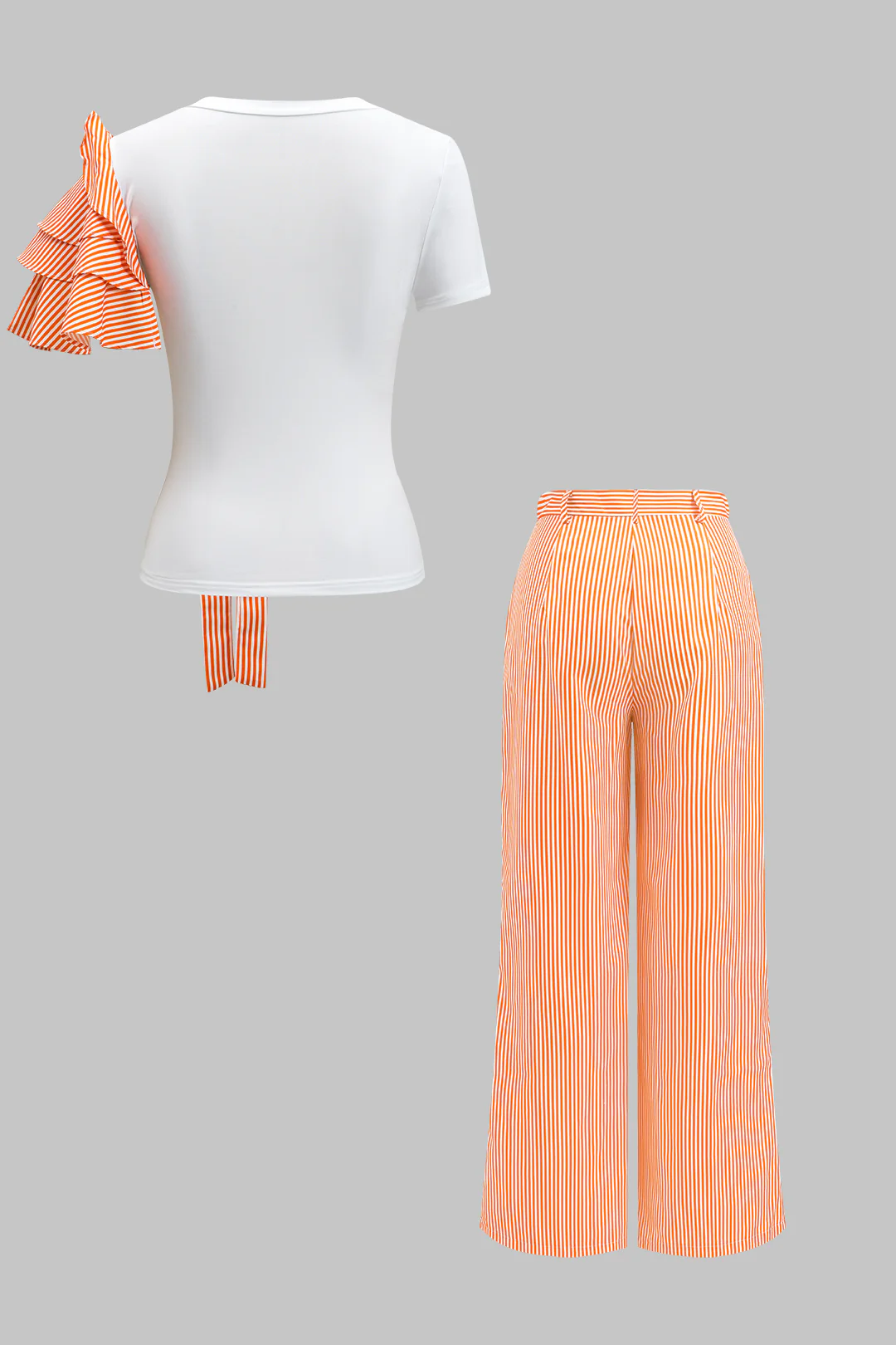 Stripe Print 3D Floral Short Sleeve Top And Button Wide Leg Trousers Set - Image 2