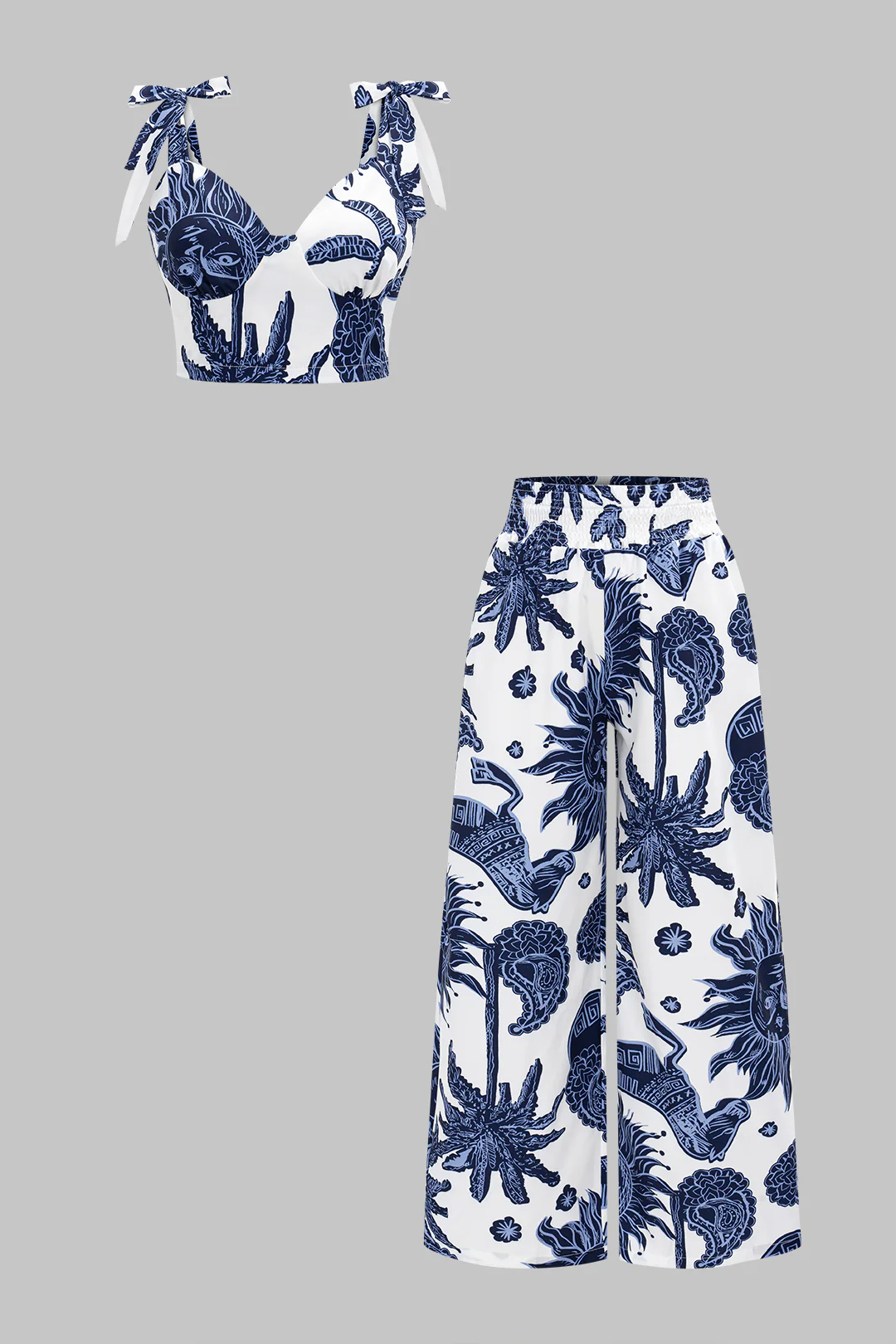 Abstract Print Smocked Tie-Up Slip Cami Top And Trousers Set