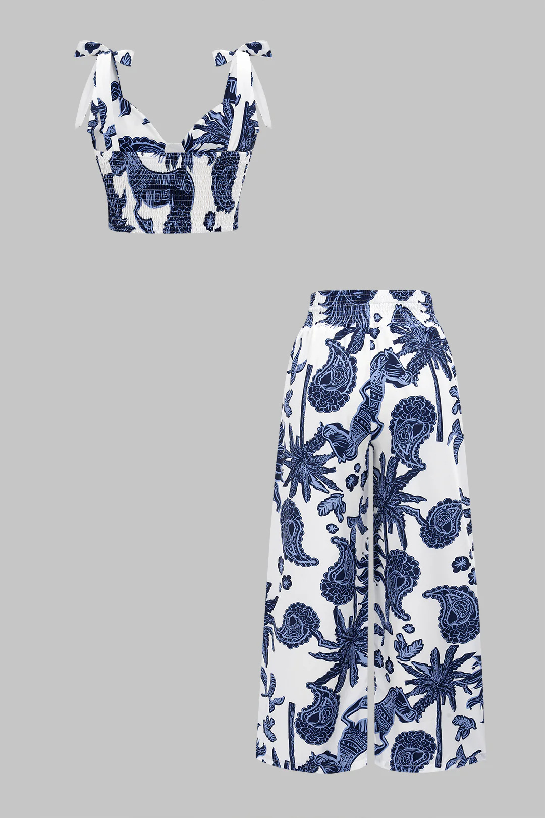 Abstract Print Smocked Tie-Up Slip Cami Top And Trousers Set - Image 2