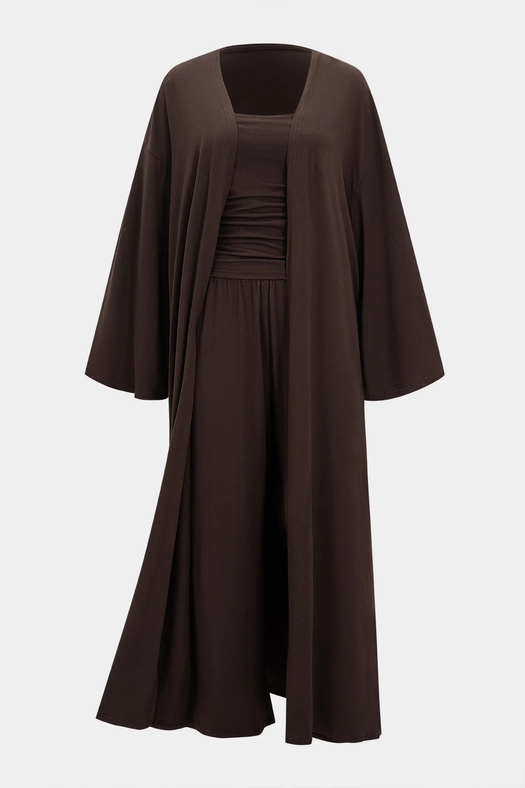 Solid Long Cardigan And Ruched Tube Top And Wide Leg Pants Set