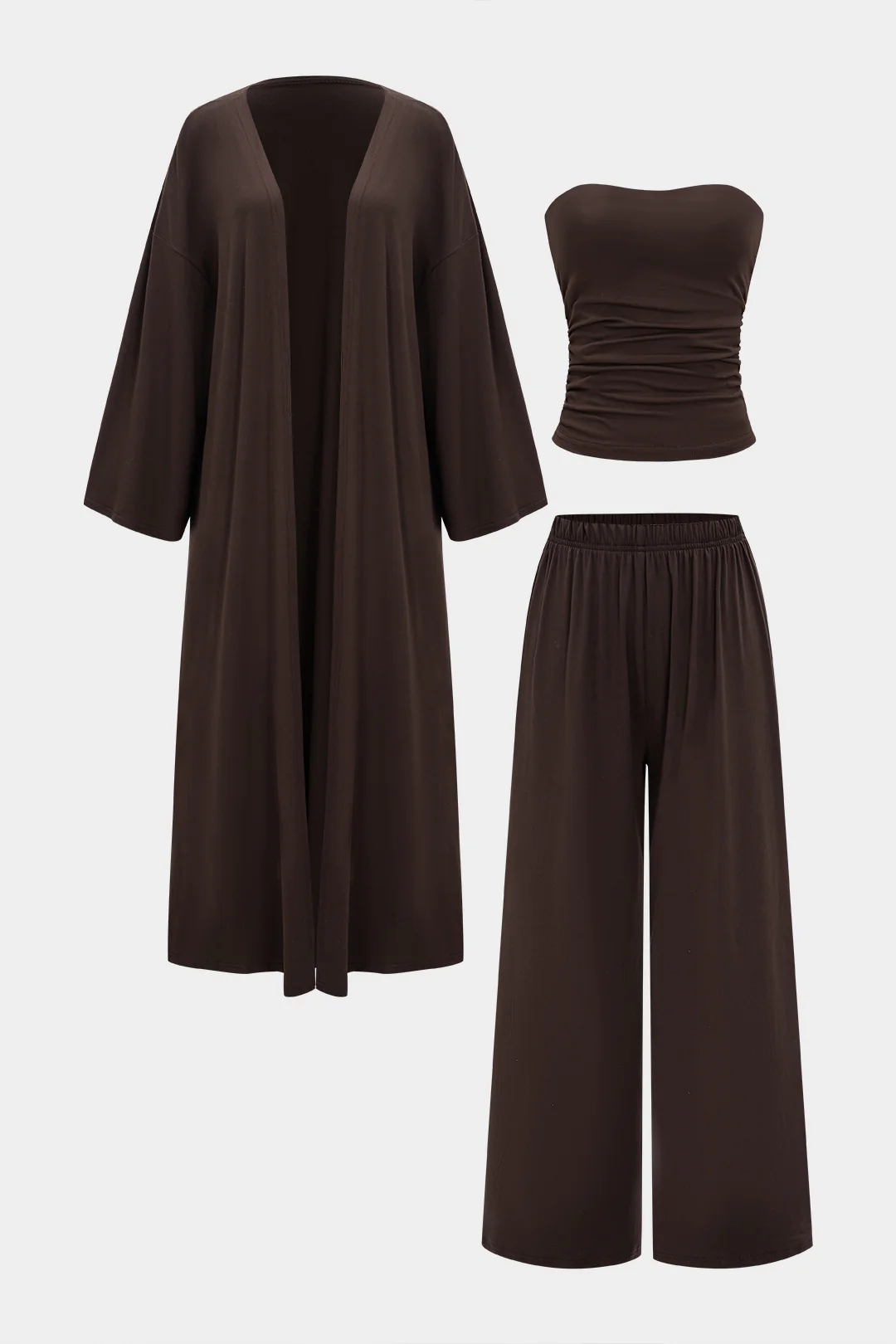 Solid Long Cardigan And Ruched Tube Top And Wide Leg Pants Set - Image 2