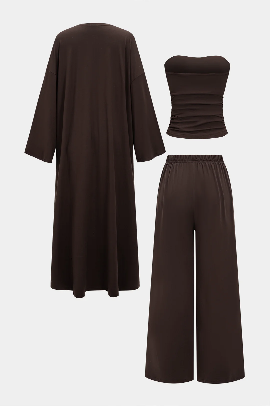 Solid Long Cardigan And Ruched Tube Top And Wide Leg Pants Set - Image 3