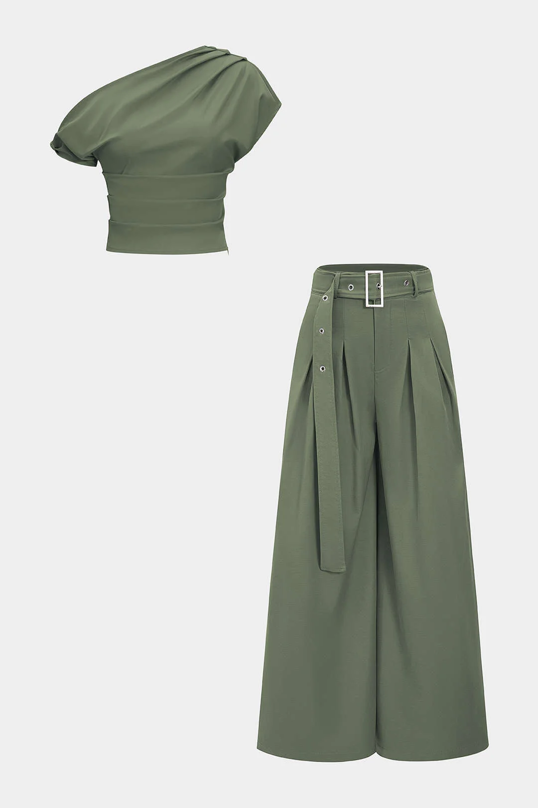 Ruched Asymmetrical Top And Belted Wide Leg Trousers Set - Image 11