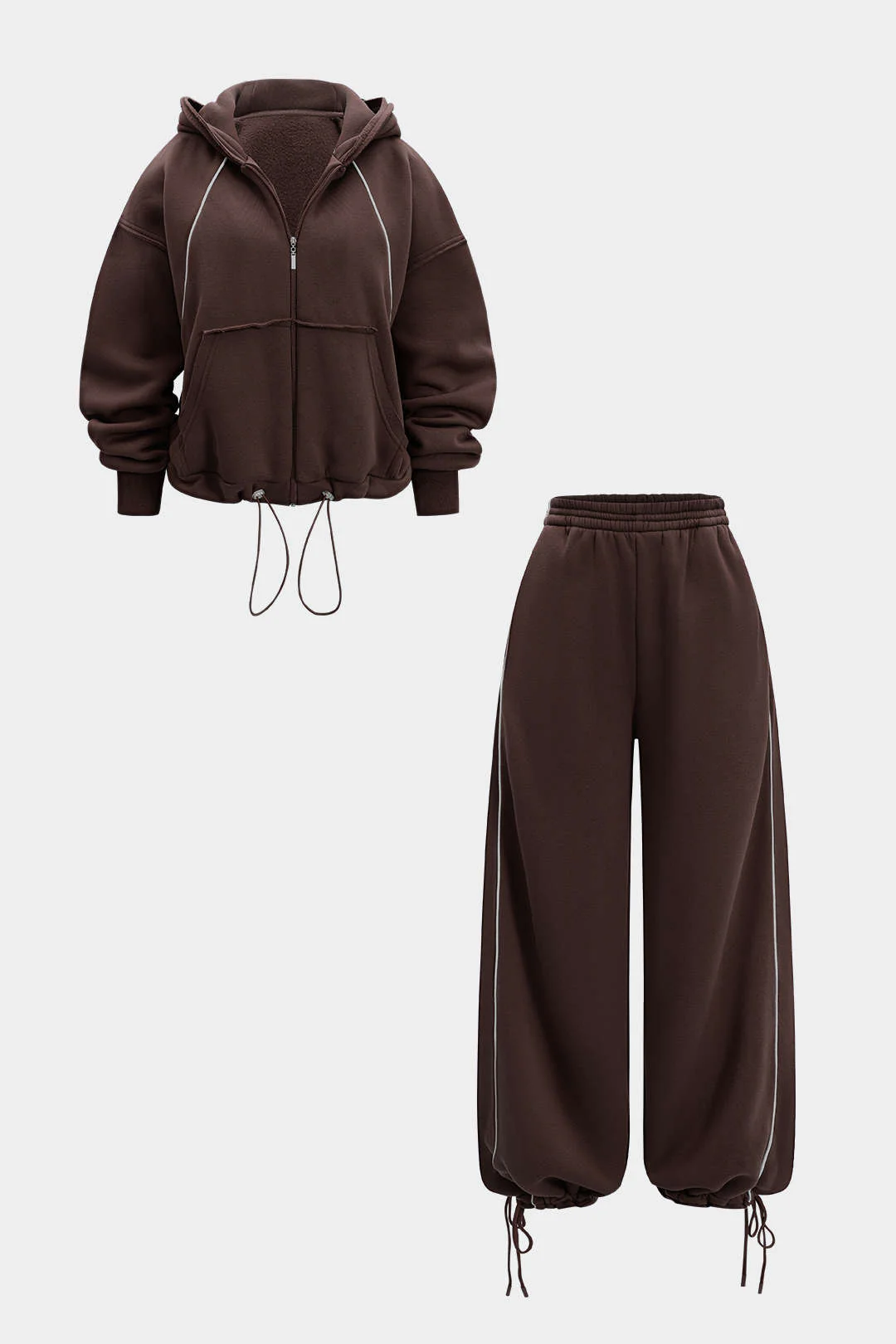 Drawstring Zipper Hoodie And Straight Leg Tie-Up Trousers Set - Image 8