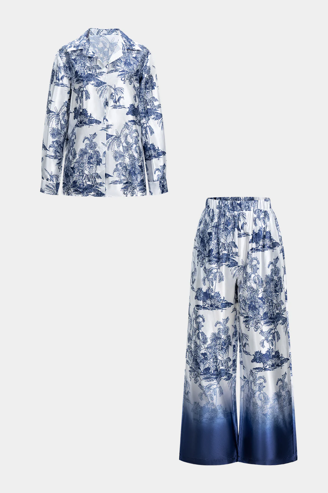 Satin Palm Leaf Print Button Long-Sleeve Shirt And Shirred Waistband Trousers Set