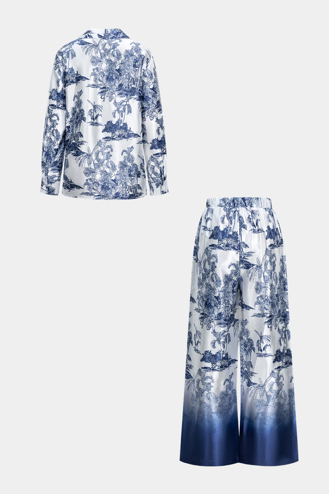 Satin Palm Leaf Print Button Long-Sleeve Shirt And Shirred Waistband Trousers Set - Image 2