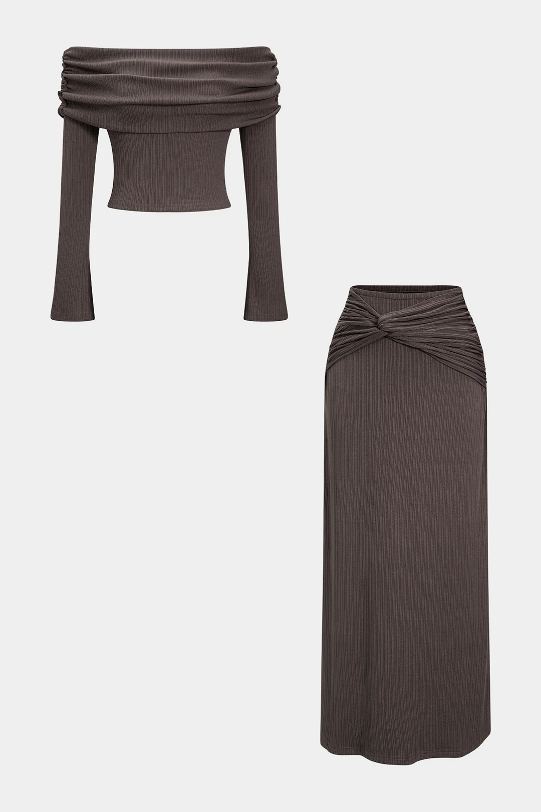 Off Shoulder Long-Sleeve Top And Twist Knot Skirt Set - Image 5