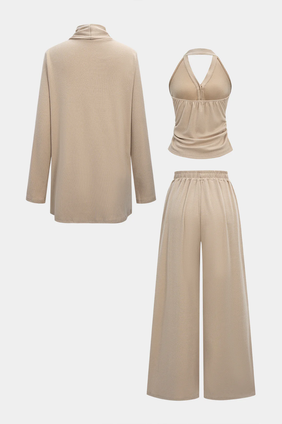 Solid Long Cardigan And Halter Neck Ruched Cami Top And Wide Leg Trousers Set - Image 7