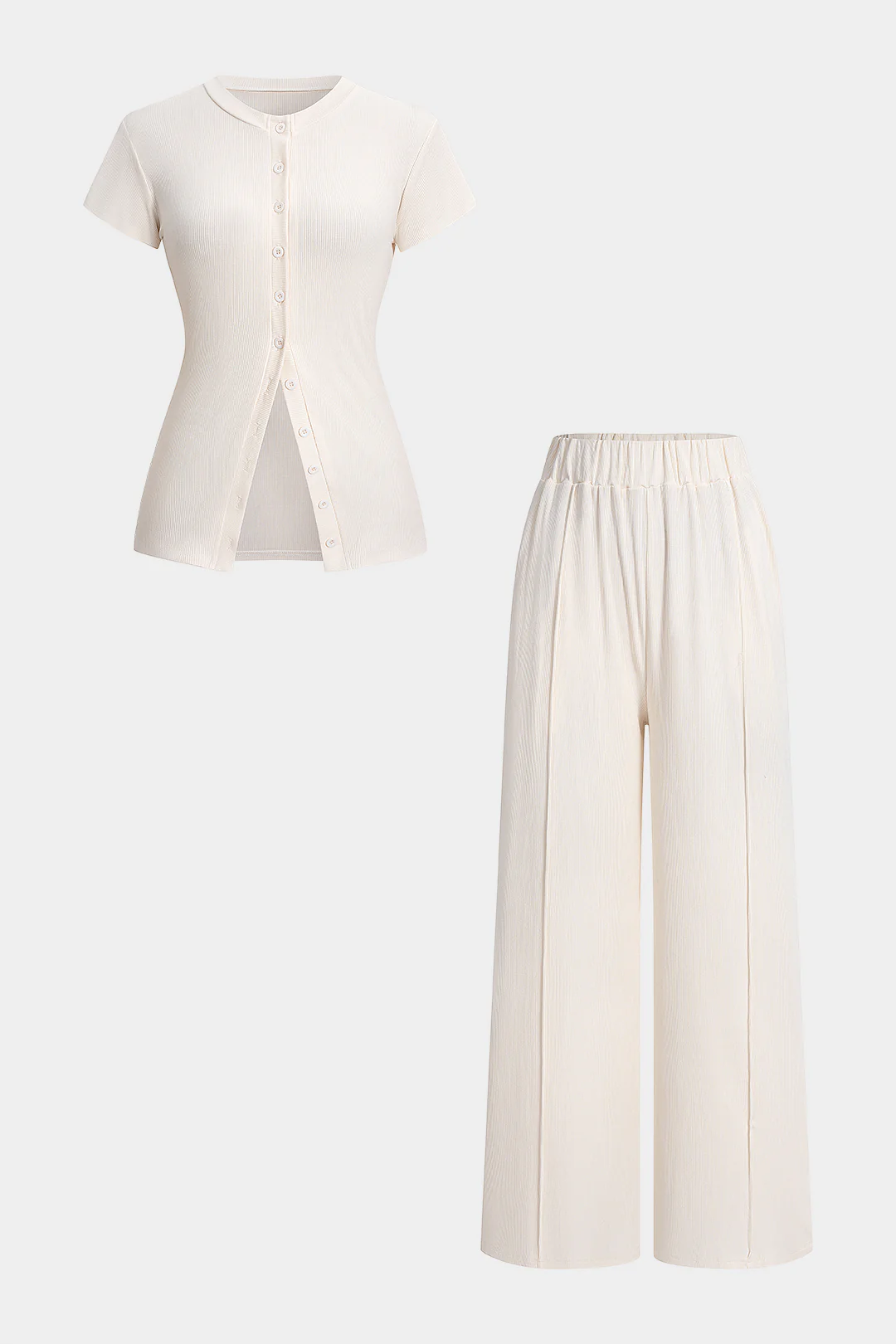 Solid Round Neck Button Short Sleeve Top And High Waist Pants Set
