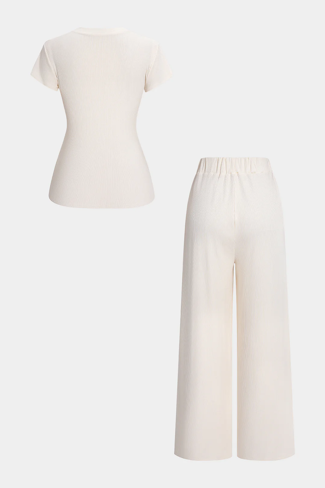 Solid Round Neck Button Short Sleeve Top And High Waist Pants Set - Image 2
