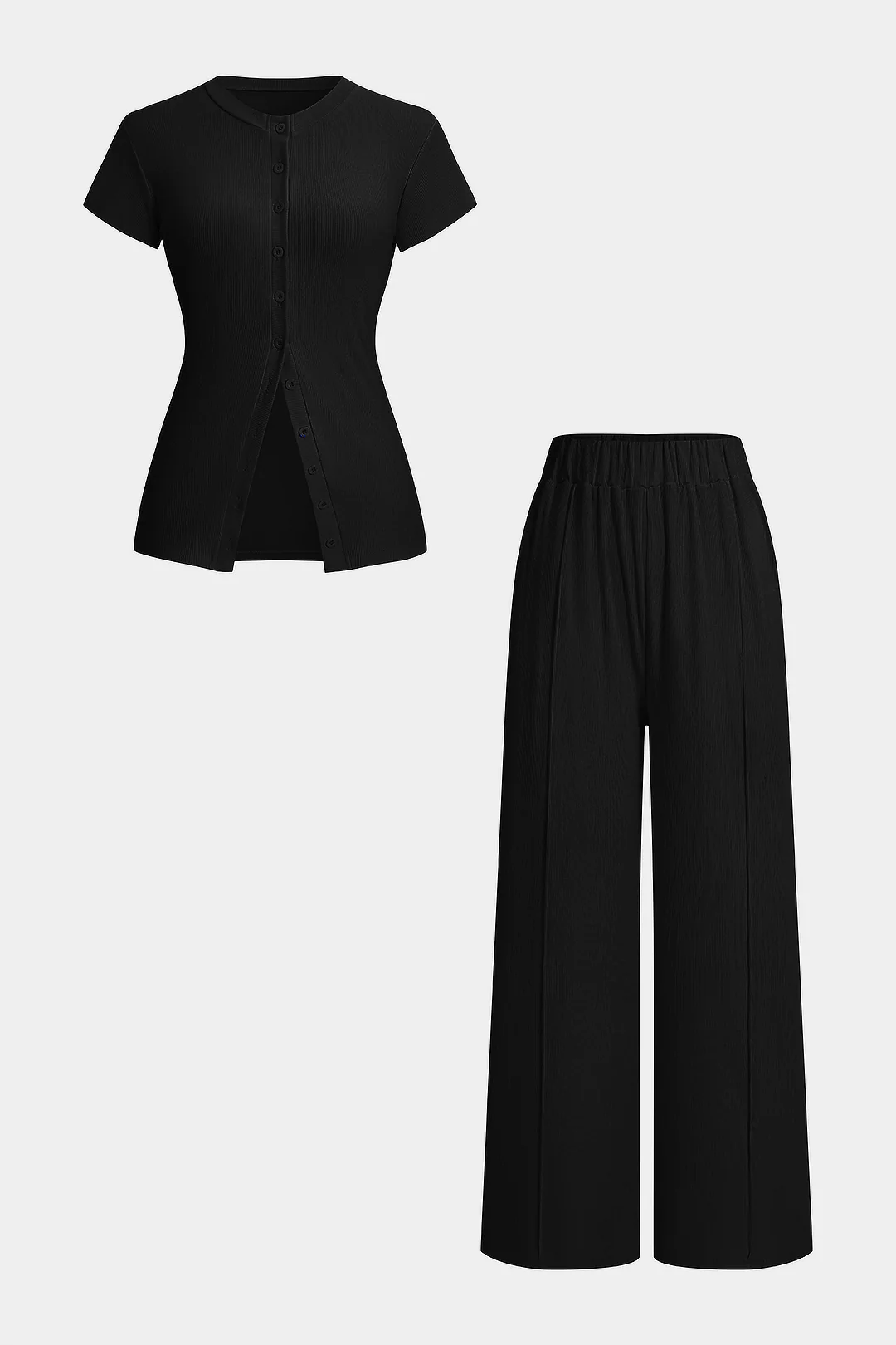 Solid Round Neck Button Short Sleeve Top And High Waist Pants Set - Image 5