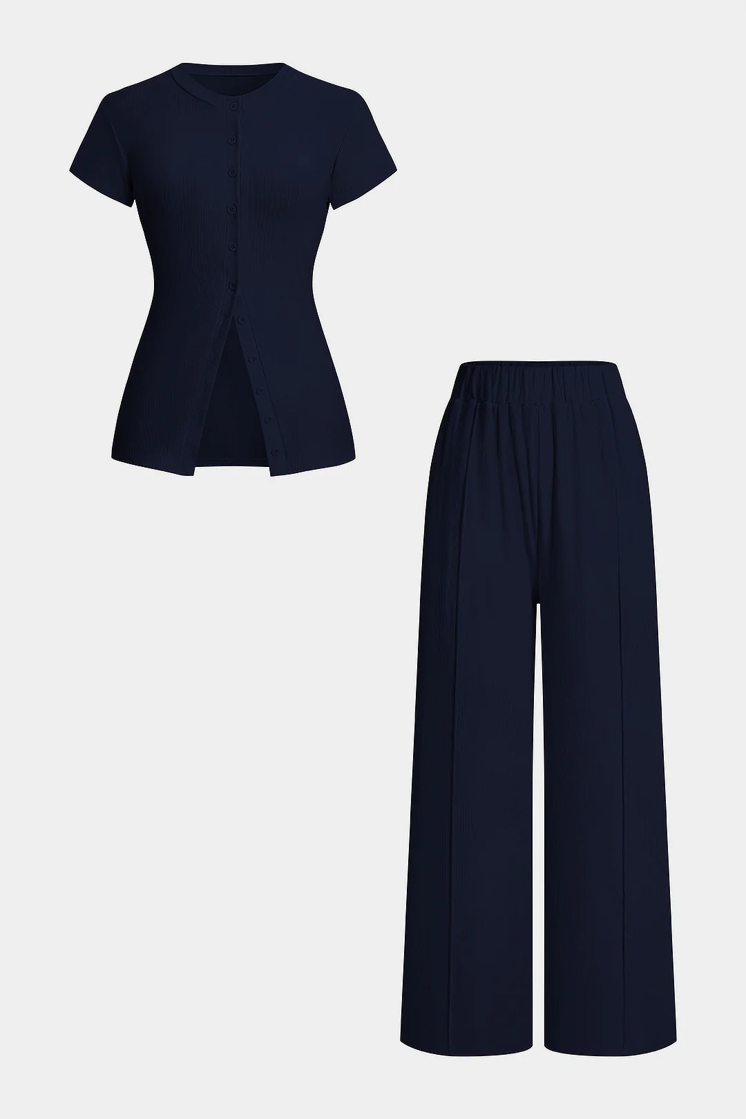 Solid Round Neck Button Short Sleeve Top And High Waist Pants Set - Image 6