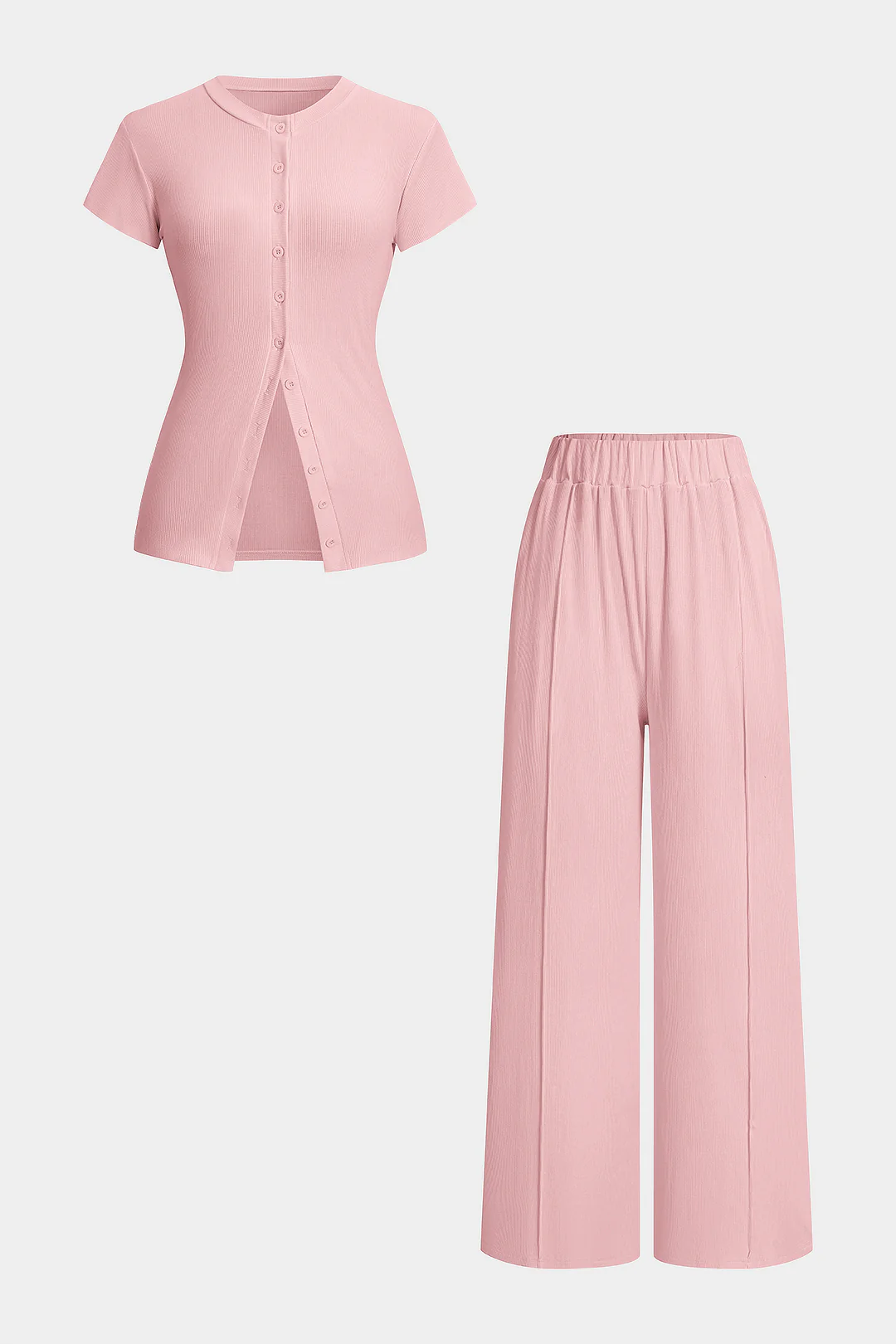 Solid Round Neck Button Short Sleeve Top And High Waist Pants Set - Image 7