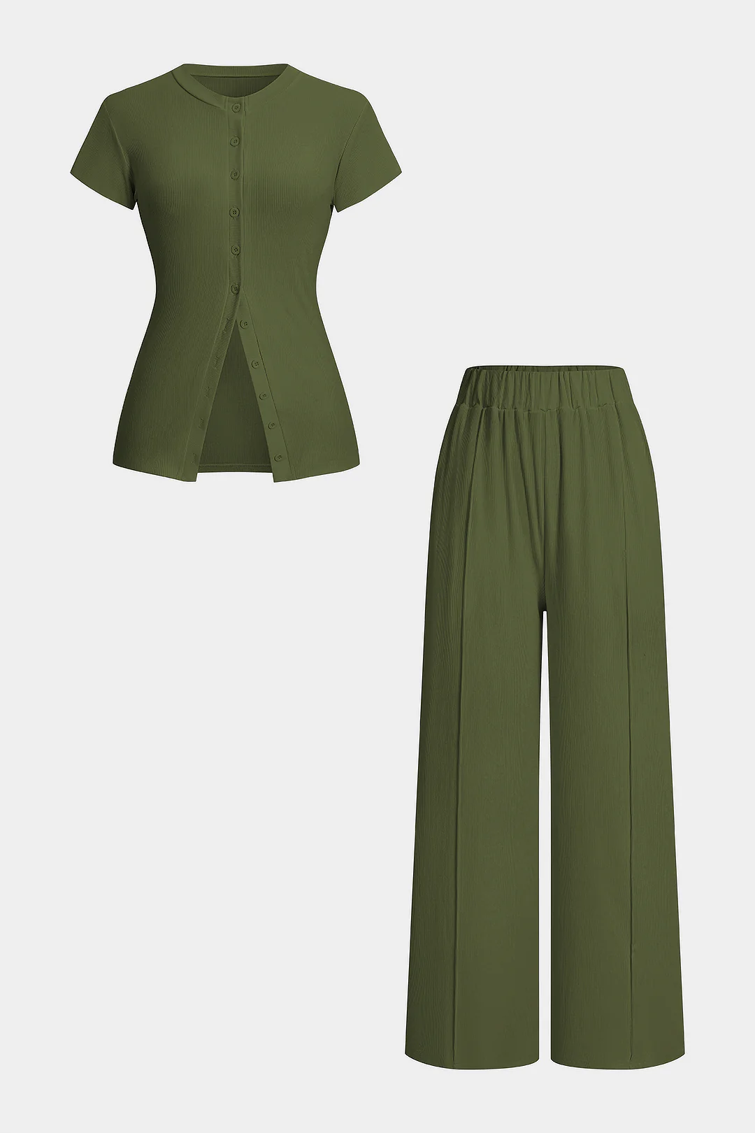 Solid Round Neck Button Short Sleeve Top And High Waist Pants Set - Image 8