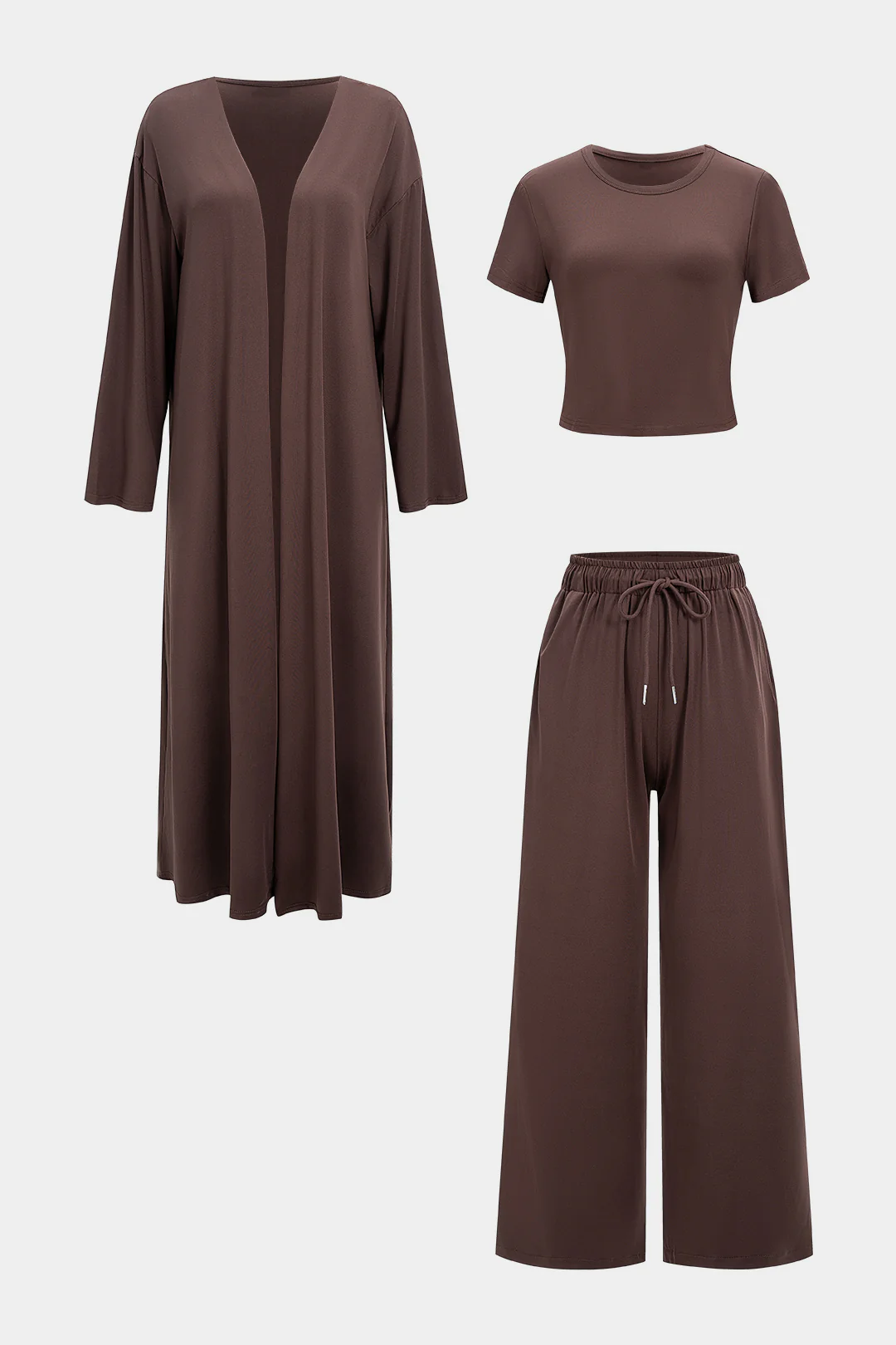 Solid Long Cardigan And Short-Sleeve Top And Drawstring High Waist Pants Set