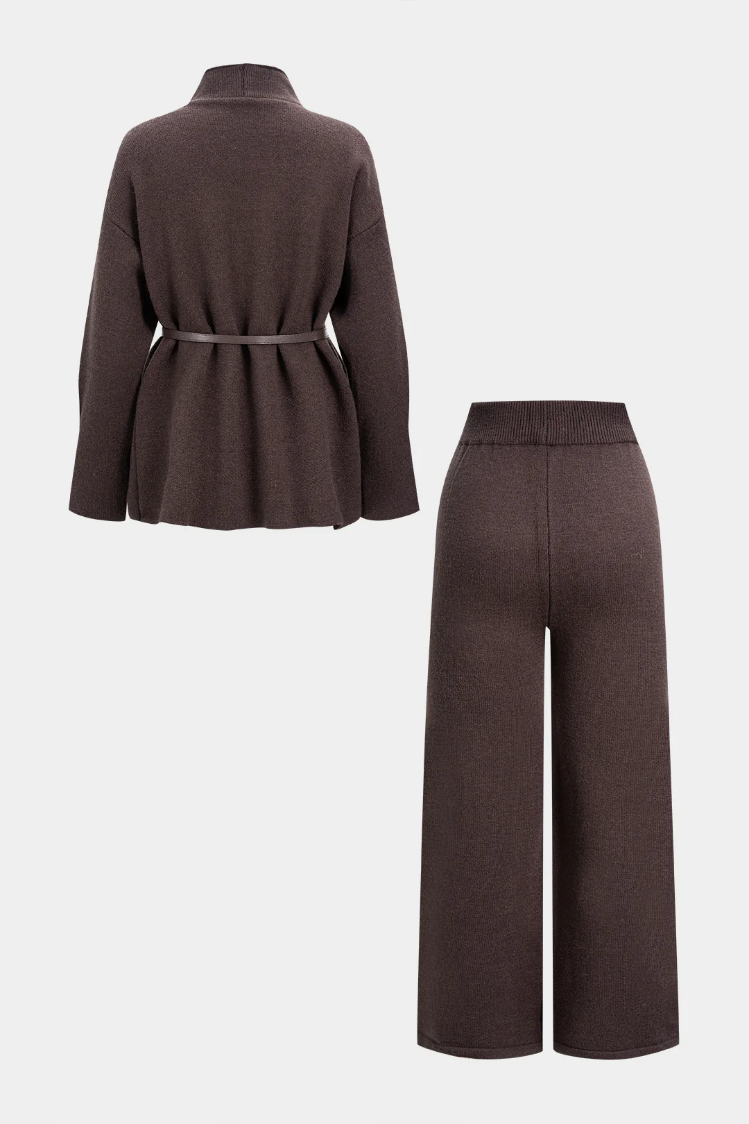 Knit Belted Asymmetrical Long-Sleeve Top And Wide Leg Pants Set - Image 2
