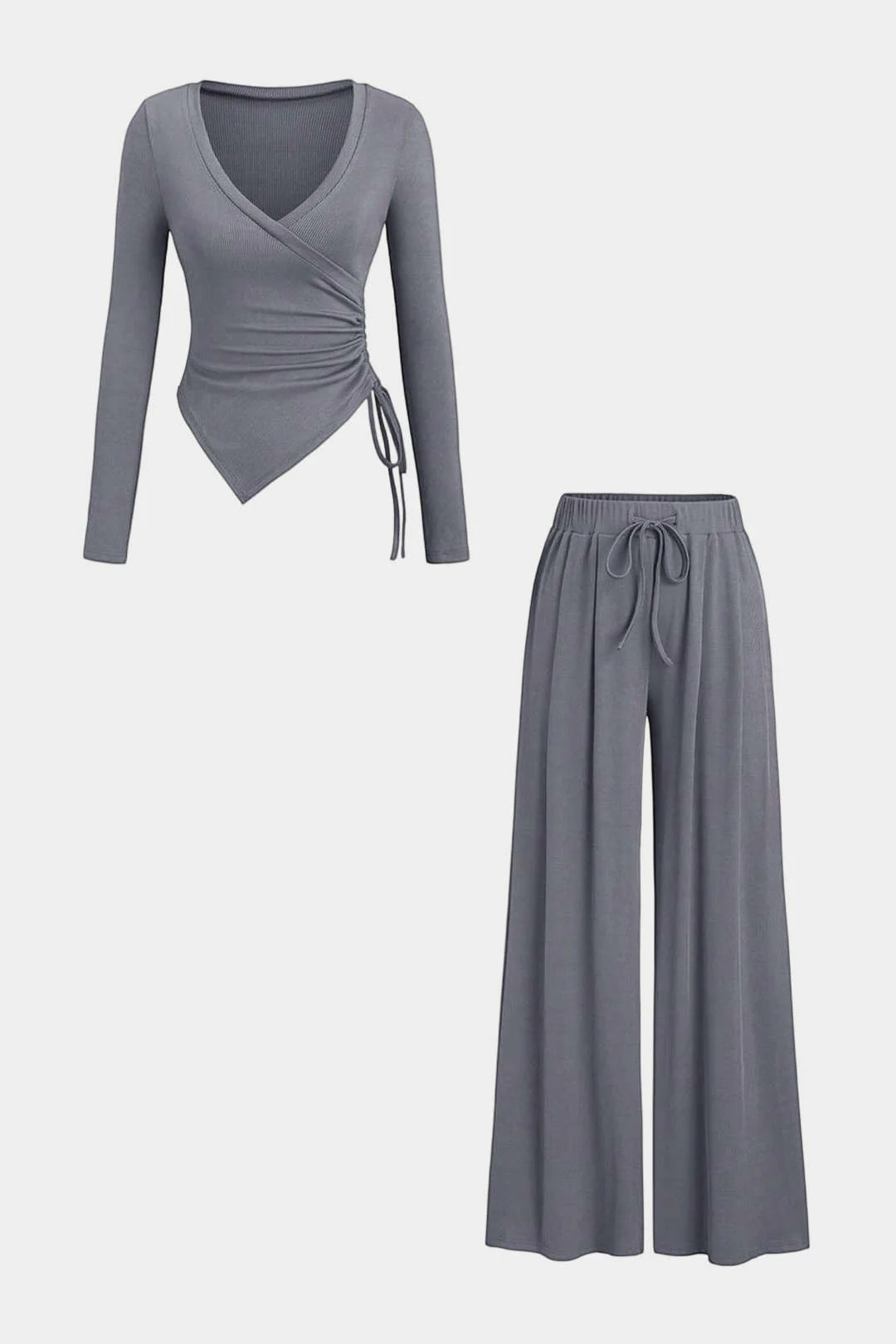Drawstring V-Neck Ruched Long-Sleeve Top And Wide Leg Pants Set