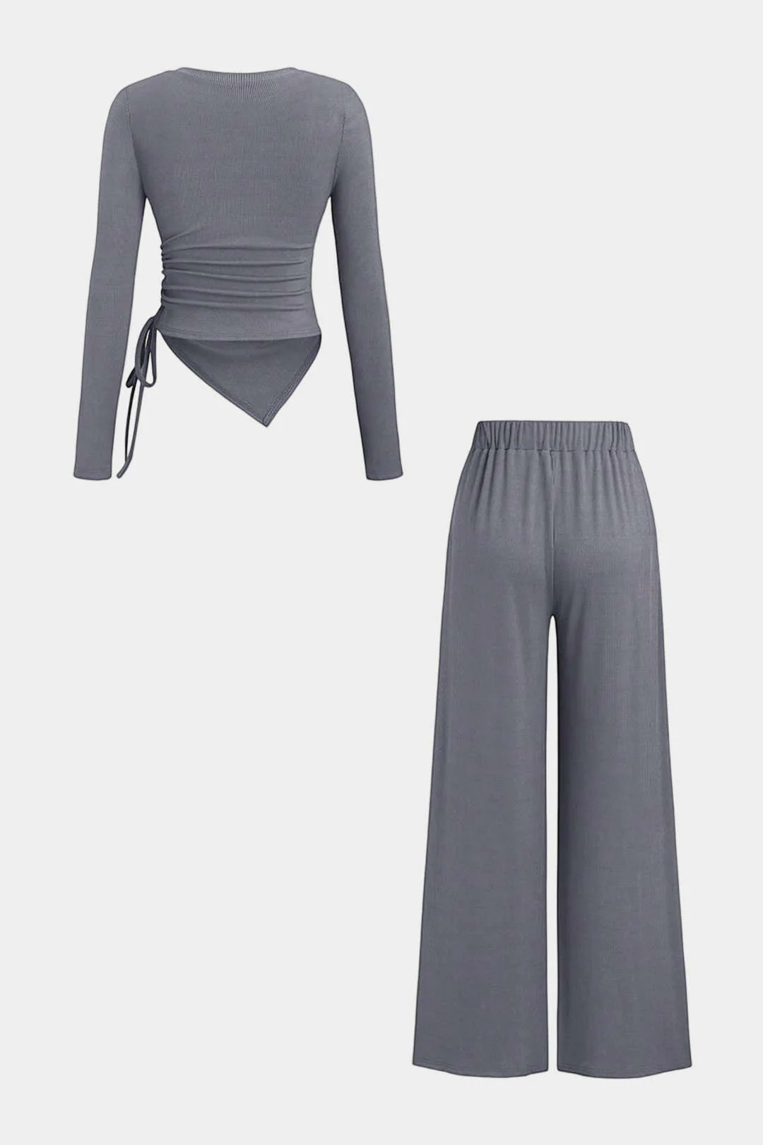 Drawstring V-Neck Ruched Long-Sleeve Top And Wide Leg Pants Set - Image 2