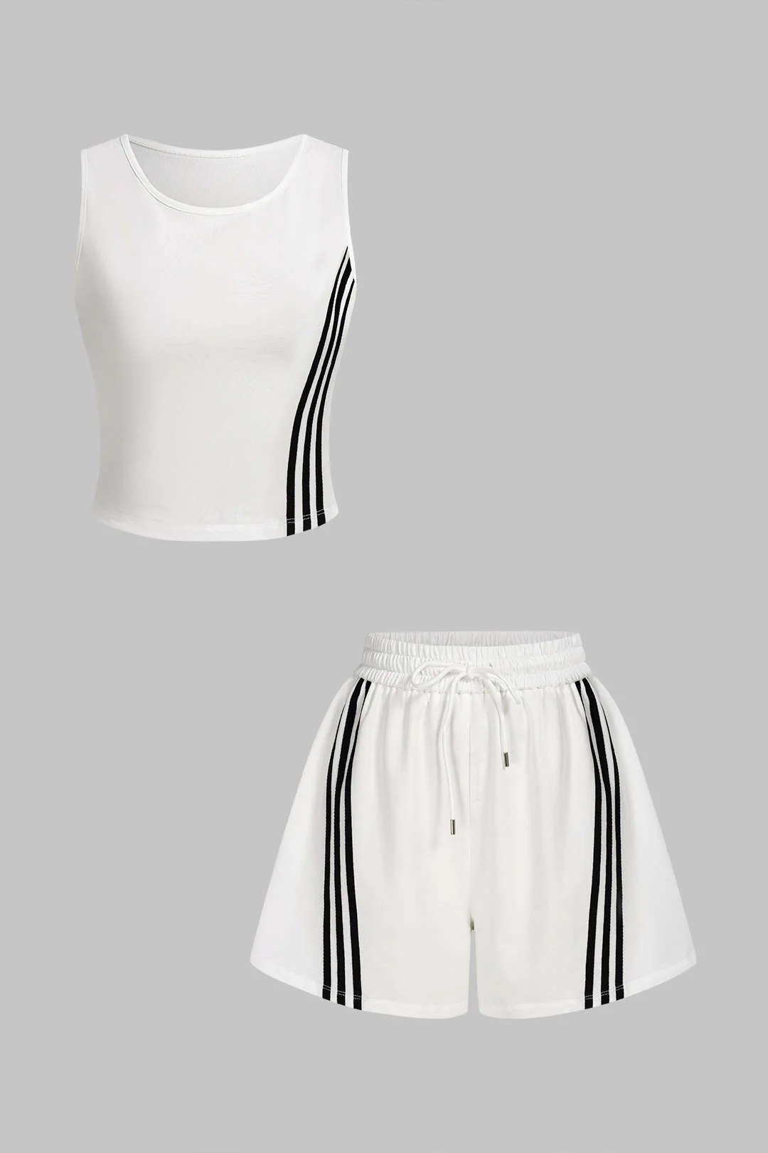 Contrast Striped Round Neck Sleeveless Tank Top And Drawstring Wide Leg Shorts Set