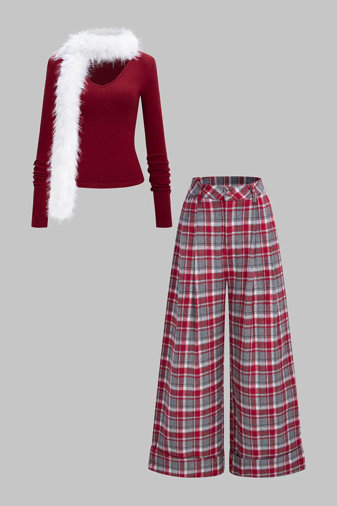 Solid V-Neck Long Sleeve Top And Plaid Print Wide Leg Pants Set With Scarf