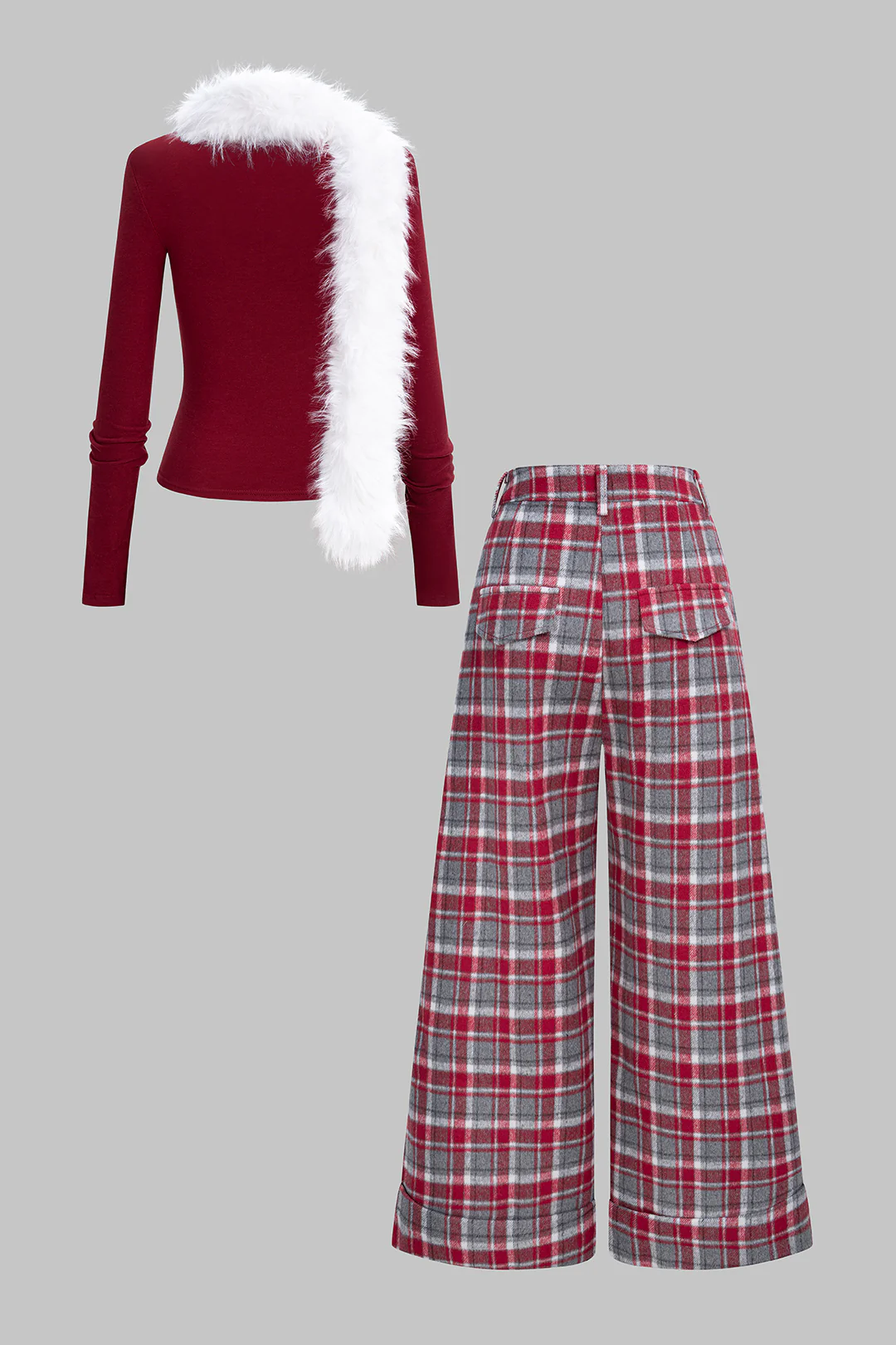 Solid V-Neck Long Sleeve Top And Plaid Print Wide Leg Pants Set With Scarf - Image 2